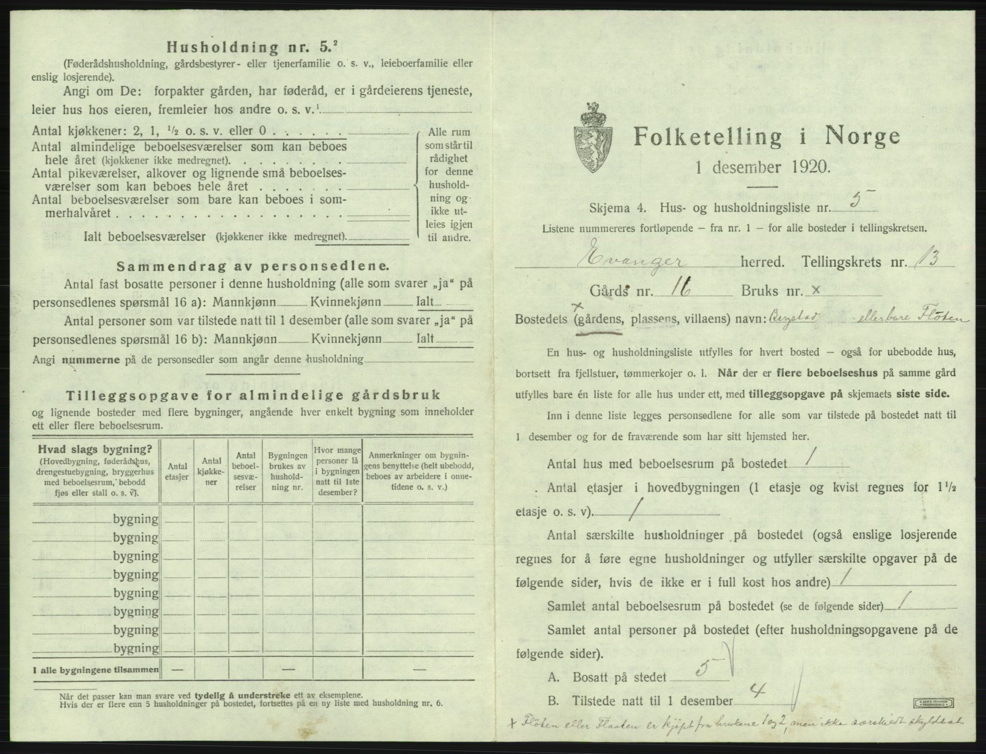 SAB, 1920 census for Evanger, 1920, p. 619