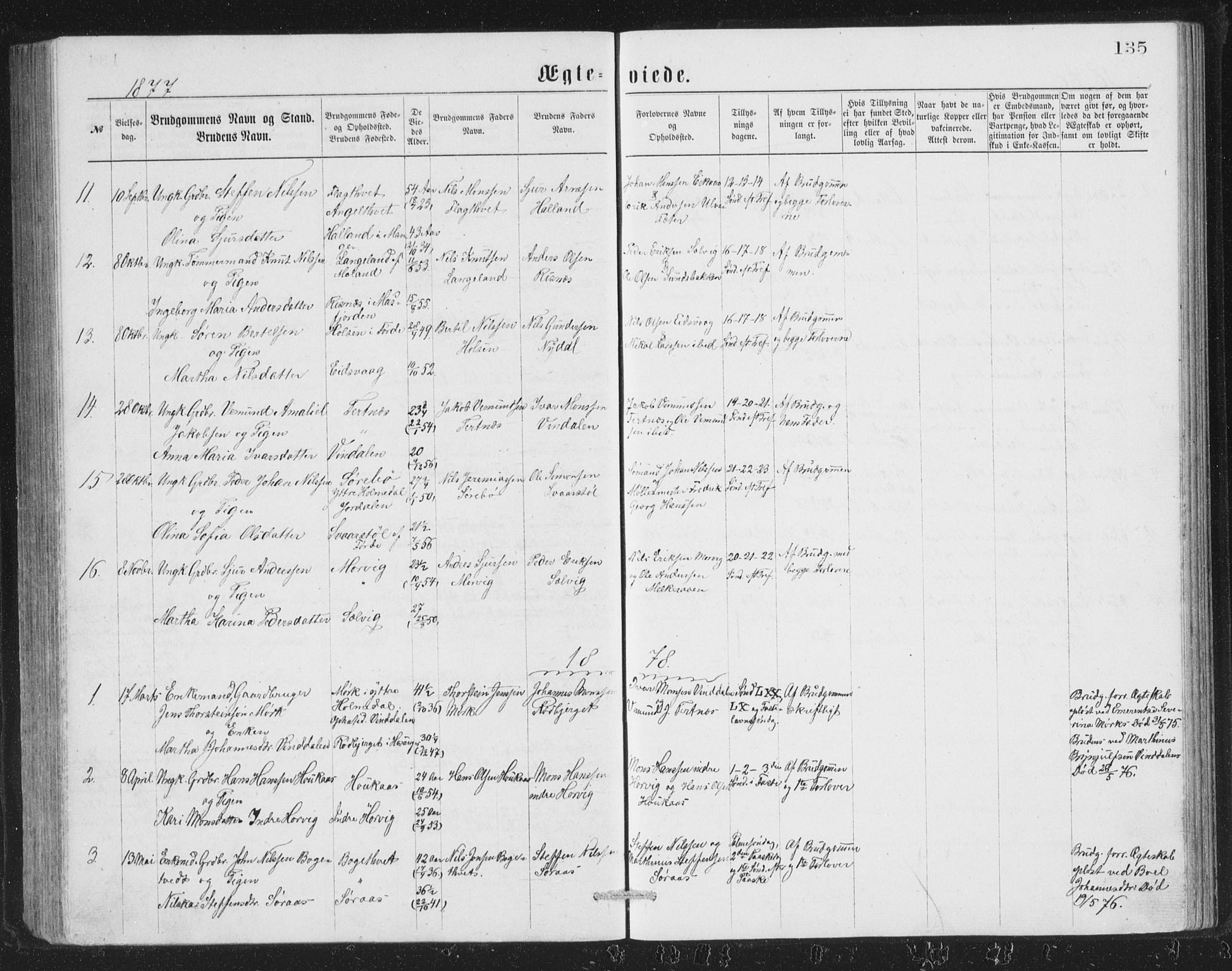Åsane sokneprestembete, SAB/A-79401/H/Hab: Parish register (copy) no. A 1, 1870-1884, p. 135