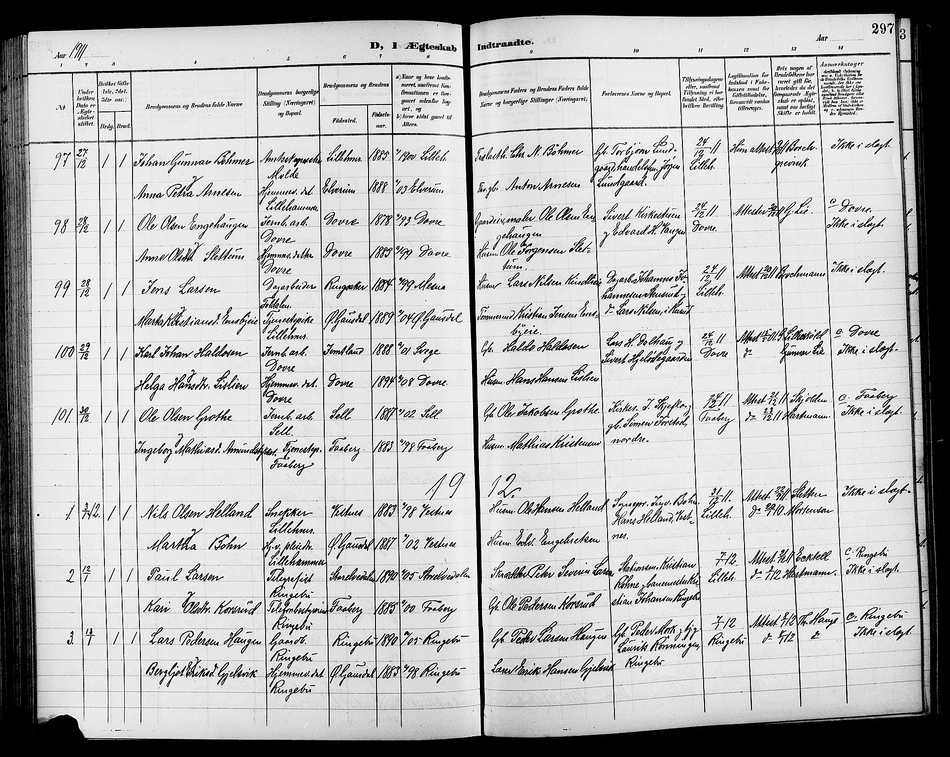 Lillehammer prestekontor, SAH/PREST-088/H/Ha/Hab/L0001: Parish register (copy) no. 1, 1901-1913, p. 297