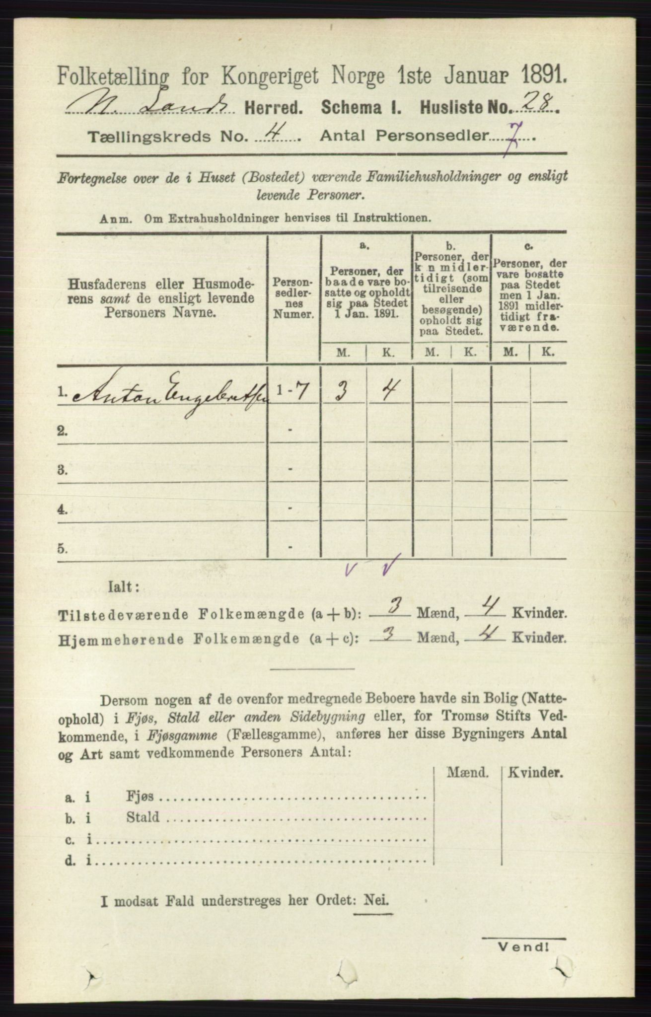 RA, 1891 census for 0538 Nordre Land, 1891, p. 1333