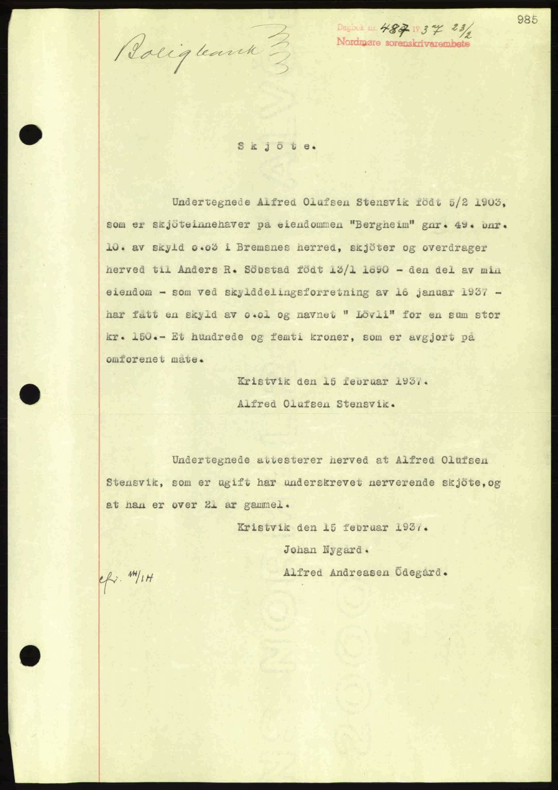 Nordmøre sorenskriveri, AV/SAT-A-4132/1/2/2Ca: Mortgage book no. A80, 1936-1937, Diary no: : 487/1937