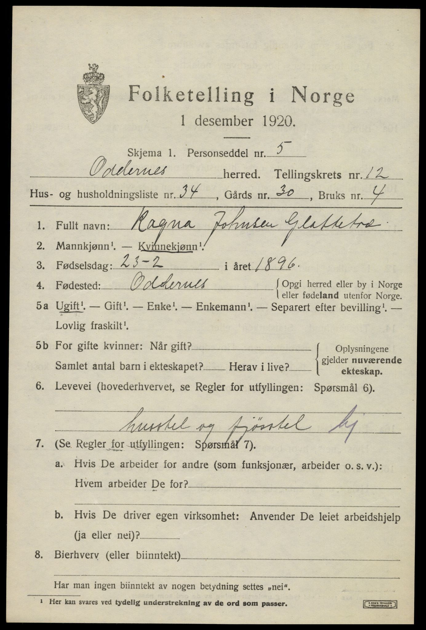 SAK, 1920 census for Oddernes, 1920, p. 7977