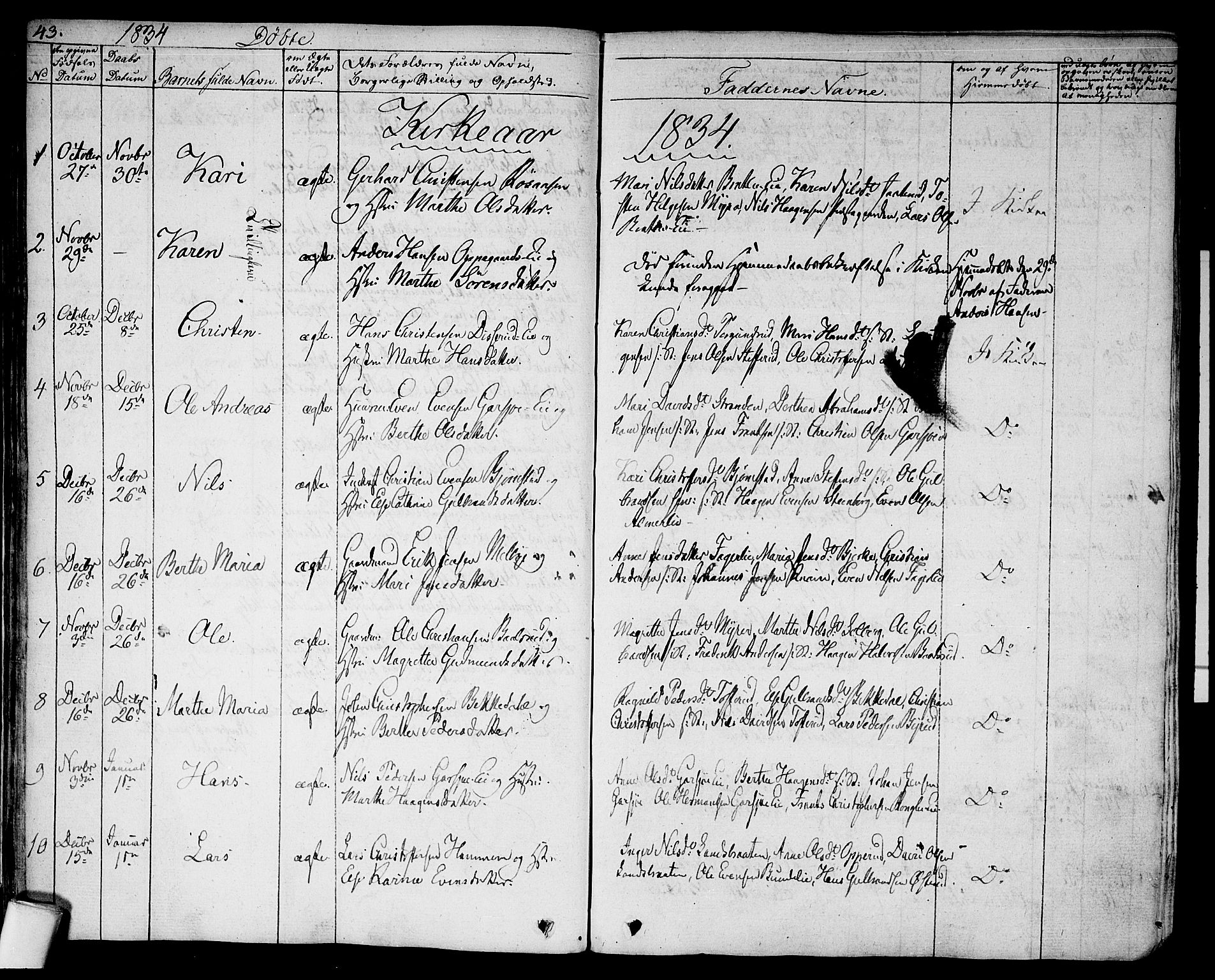Hurdal prestekontor Kirkebøker, SAO/A-10889/F/Fa/L0004: Parish register (official) no. I 4, 1828-1845, p. 43