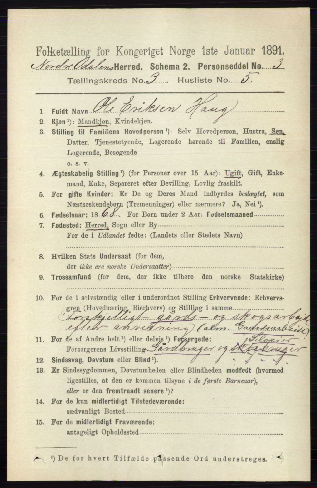 RA, 1891 census for 0418 Nord-Odal, 1891, p. 838