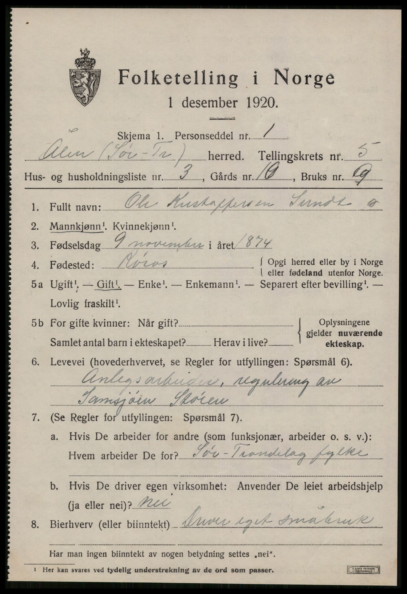 SAT, 1920 census for Ålen, 1920, p. 2354