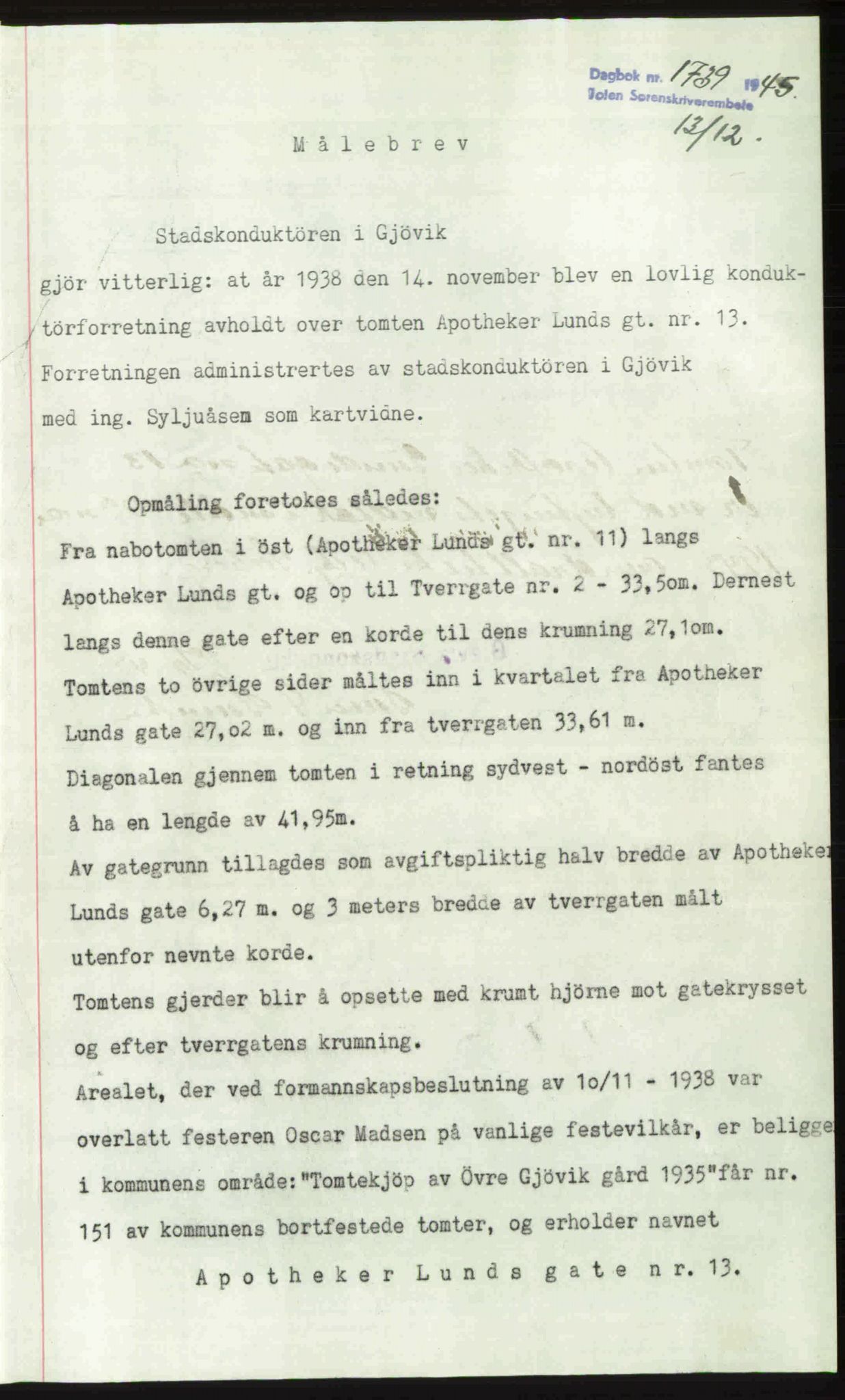 Toten tingrett, SAH/TING-006/H/Hb/Hbc/L0013: Mortgage book no. Hbc-13, 1945-1945, Diary no: : 1739/1945