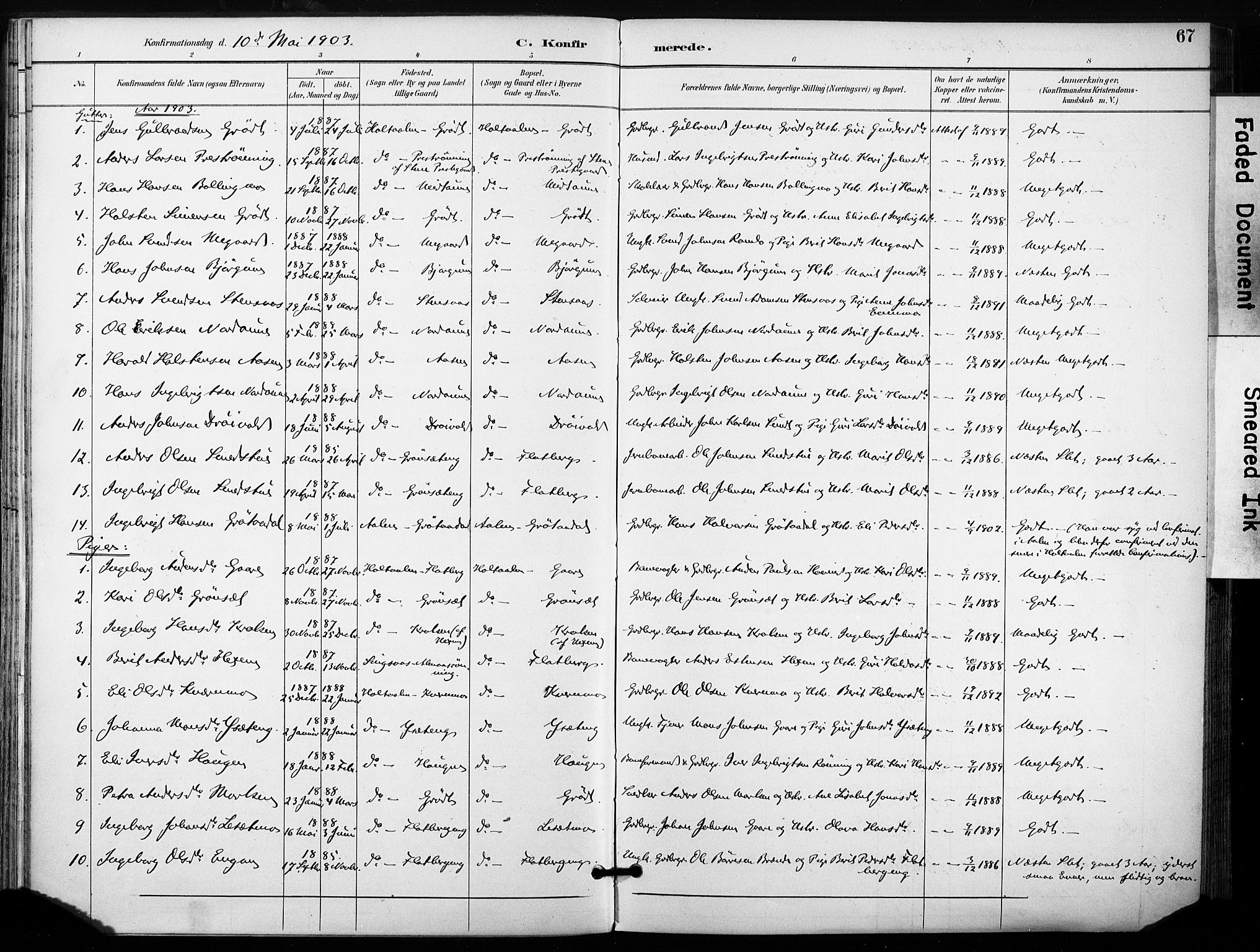 Ministerialprotokoller, klokkerbøker og fødselsregistre - Sør-Trøndelag, AV/SAT-A-1456/685/L0973: Parish register (official) no. 685A10, 1891-1907, p. 67
