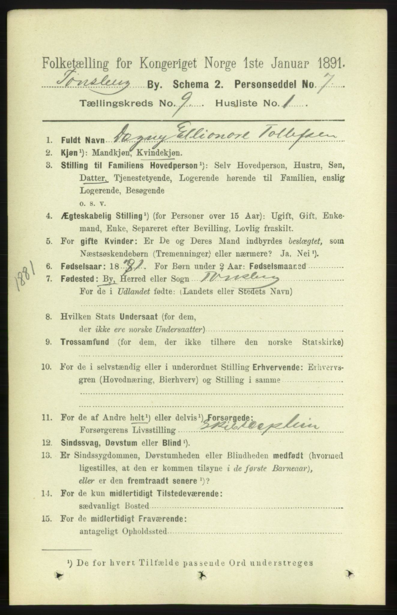 RA, 1891 census for 0705 Tønsberg, 1891, p. 3283