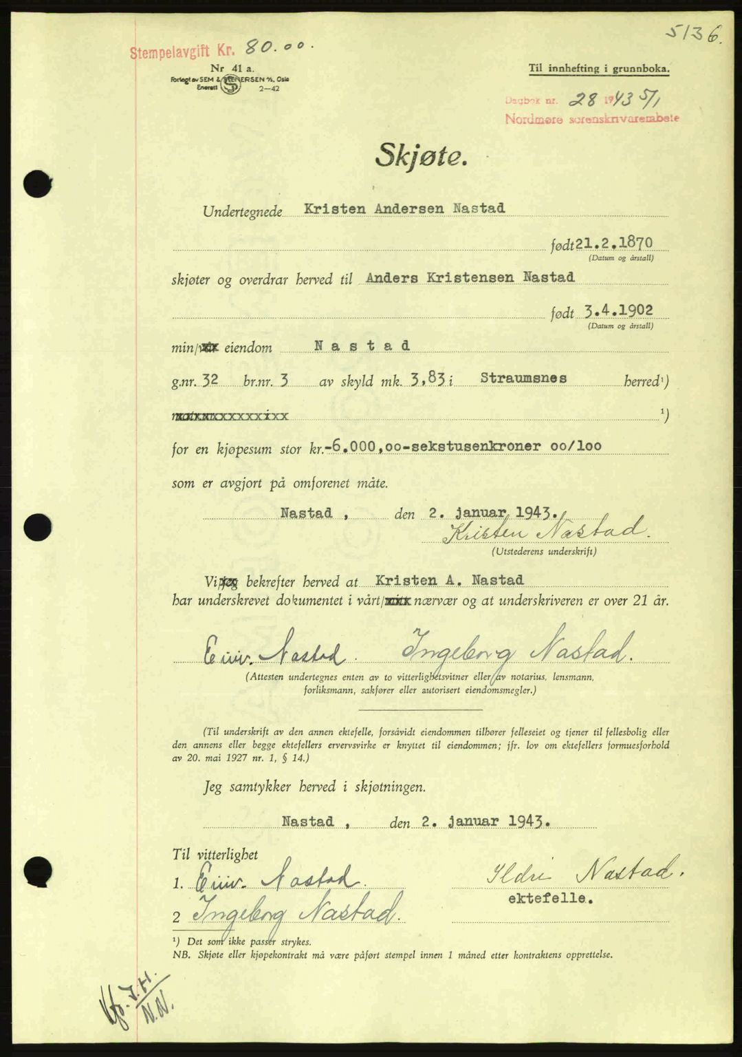 Nordmøre sorenskriveri, AV/SAT-A-4132/1/2/2Ca: Mortgage book no. A94, 1942-1943, Diary no: : 28/1943