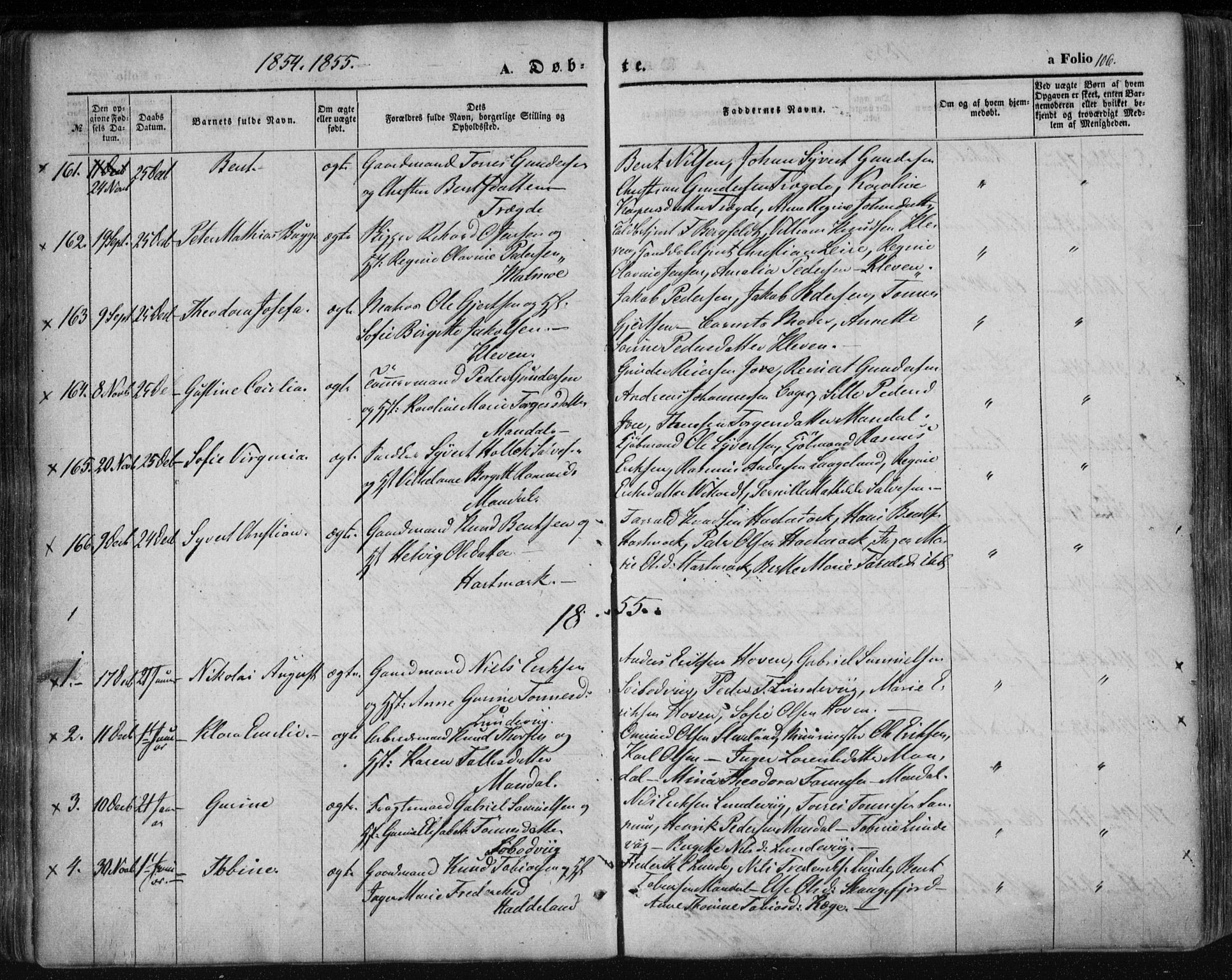 Mandal sokneprestkontor, SAK/1111-0030/F/Fa/Faa/L0013: Parish register (official) no. A 13, 1847-1859, p. 106
