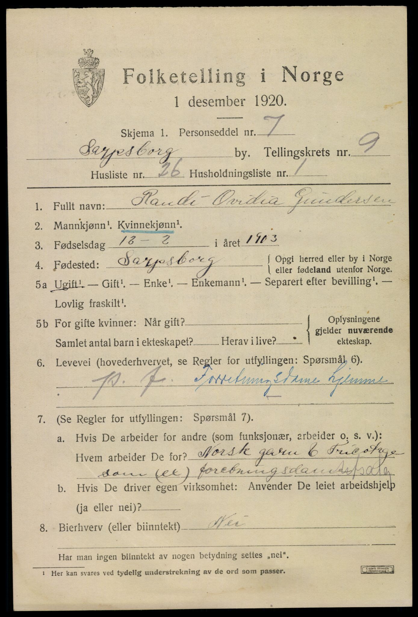 SAO, 1920 census for Sarpsborg, 1920, p. 19414