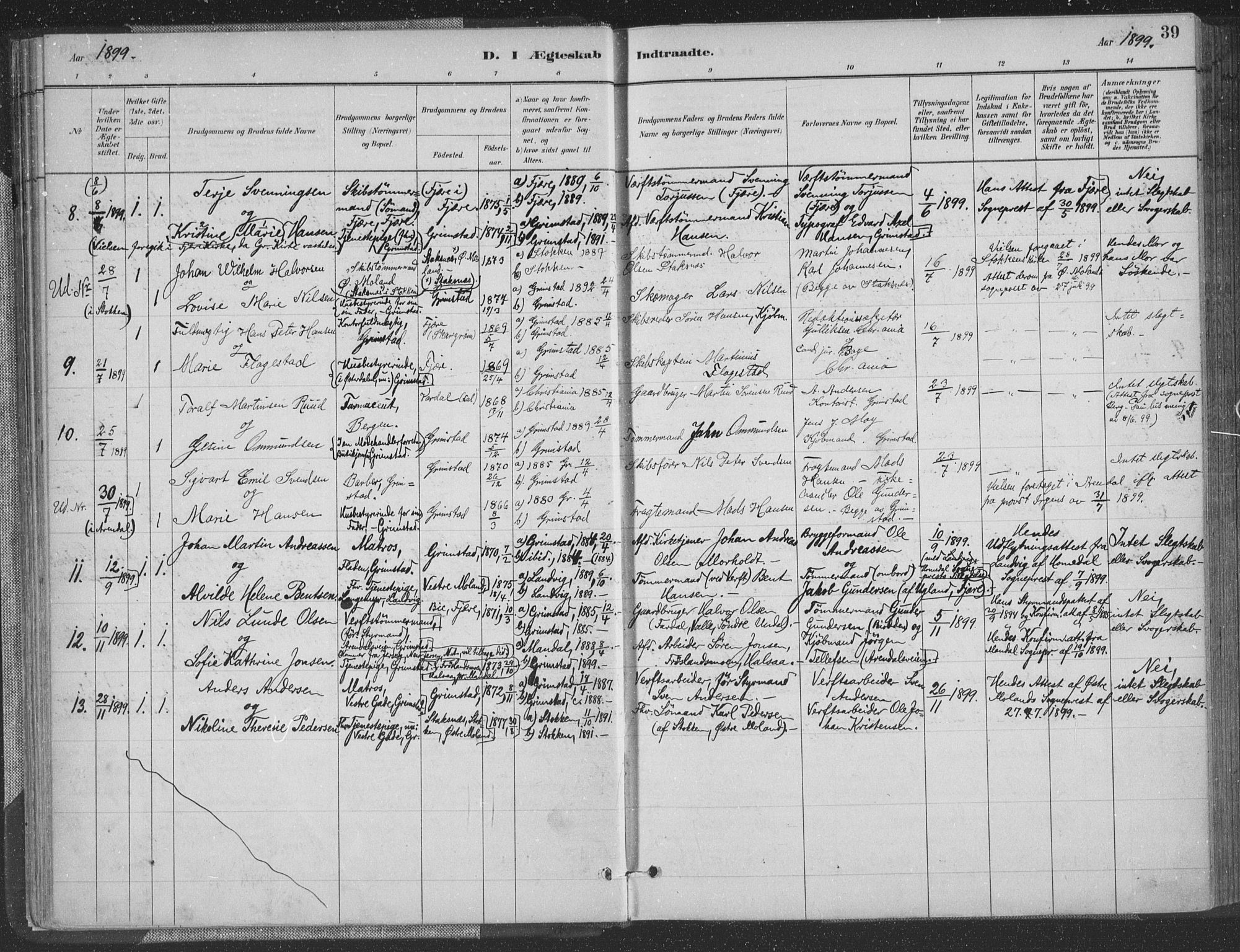 Grimstad sokneprestkontor, SAK/1111-0017/F/Fa/L0004: Parish register (official) no. A 3, 1882-1910, p. 39