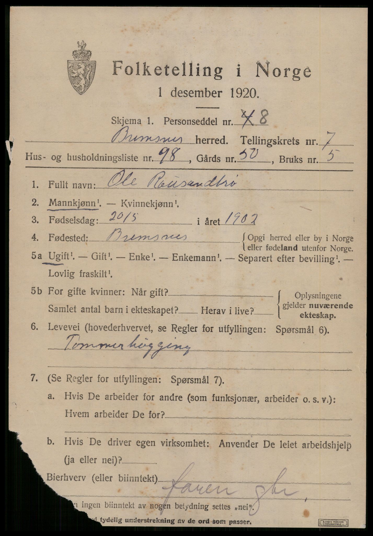 SAT, 1920 census for Bremsnes, 1920, p. 6735