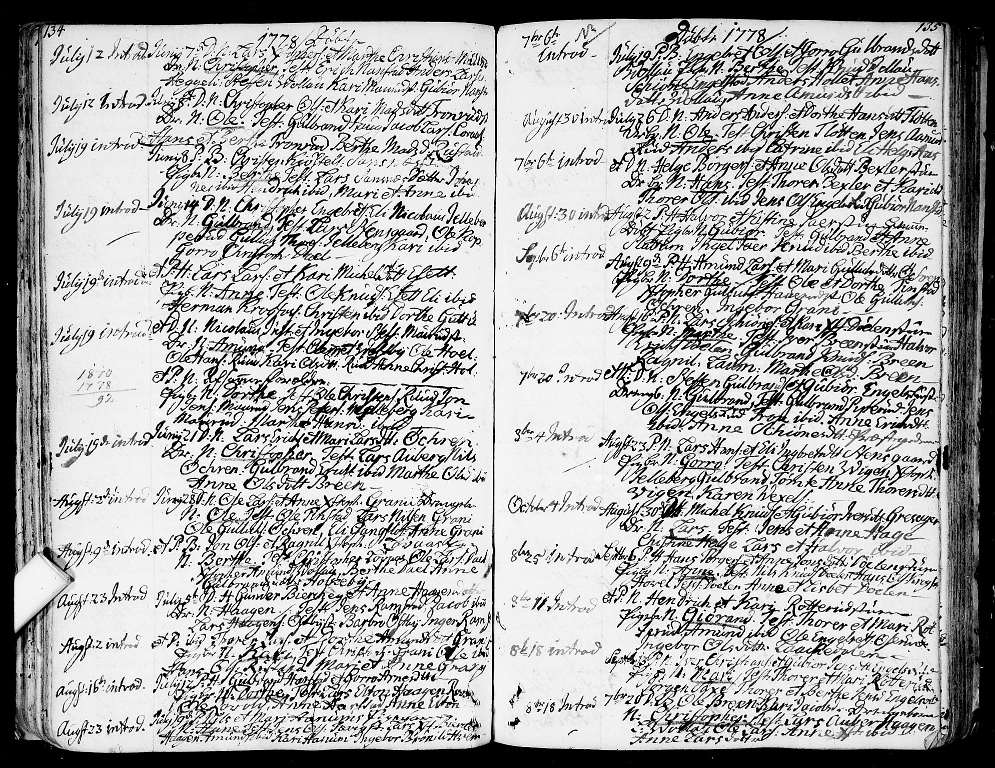 Nannestad prestekontor Kirkebøker, AV/SAO-A-10414a/F/Fa/L0007: Parish register (official) no. I 7, 1754-1791, p. 134-135