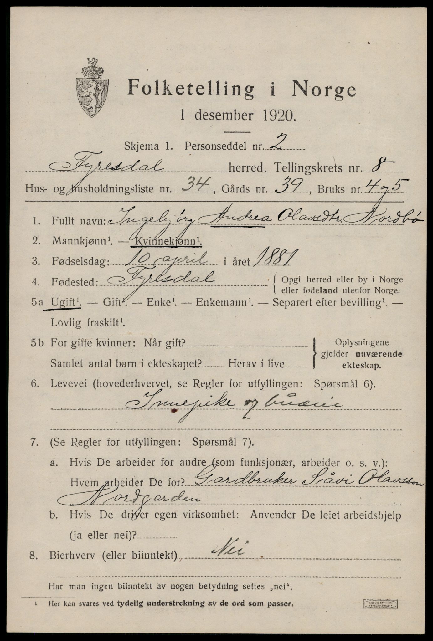 SAKO, 1920 census for Fyresdal, 1920, p. 3651