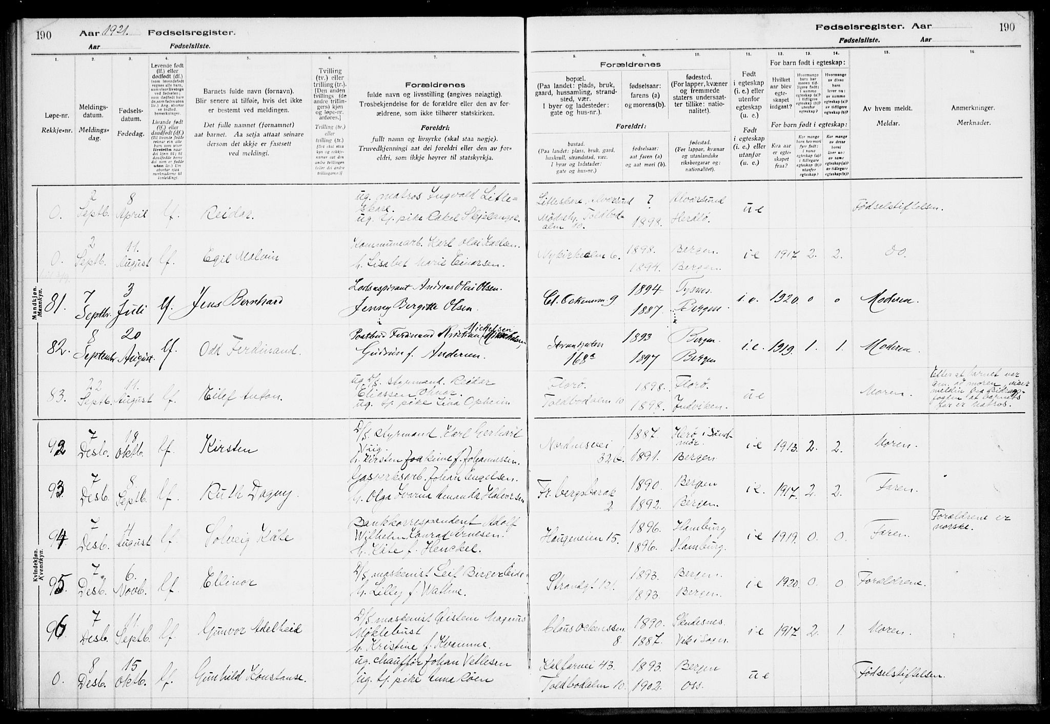 Nykirken Sokneprestembete, AV/SAB-A-77101/I/Id/L00A1: Birth register no. A 1, 1916-1922, p. 190