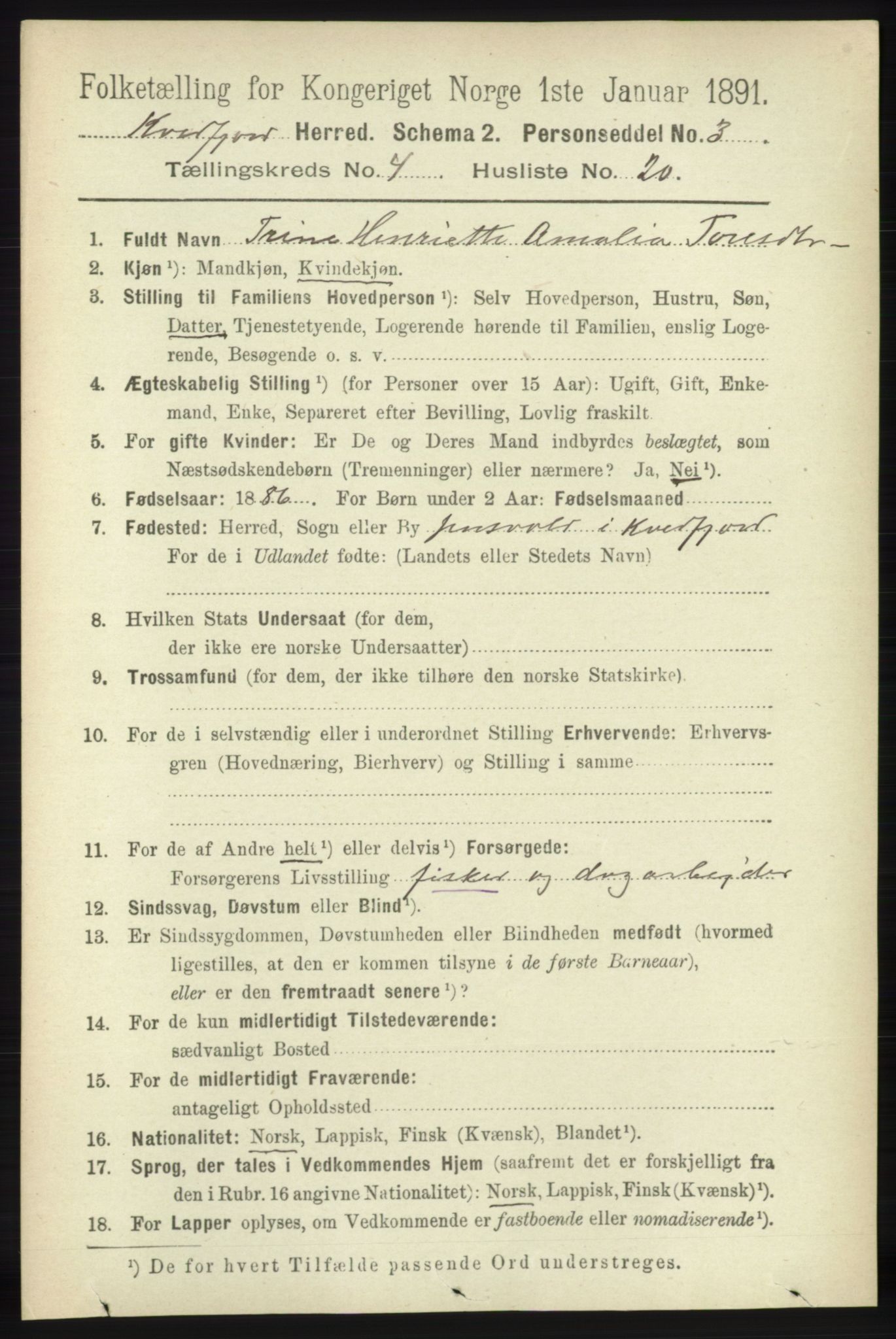 RA, 1891 census for 1911 Kvæfjord, 1891, p. 2008