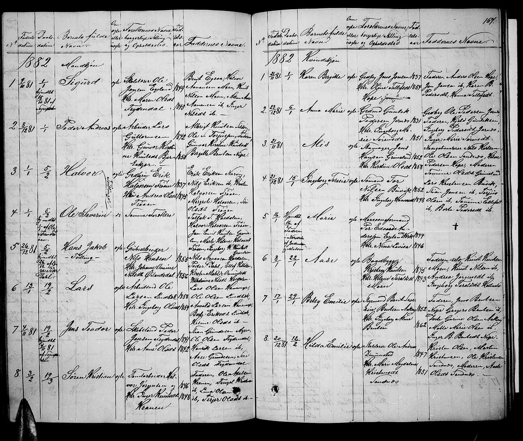 Søndeled sokneprestkontor, AV/SAK-1111-0038/F/Fb/L0004: Parish register (copy) no. B 4, 1857-1884, p. 167