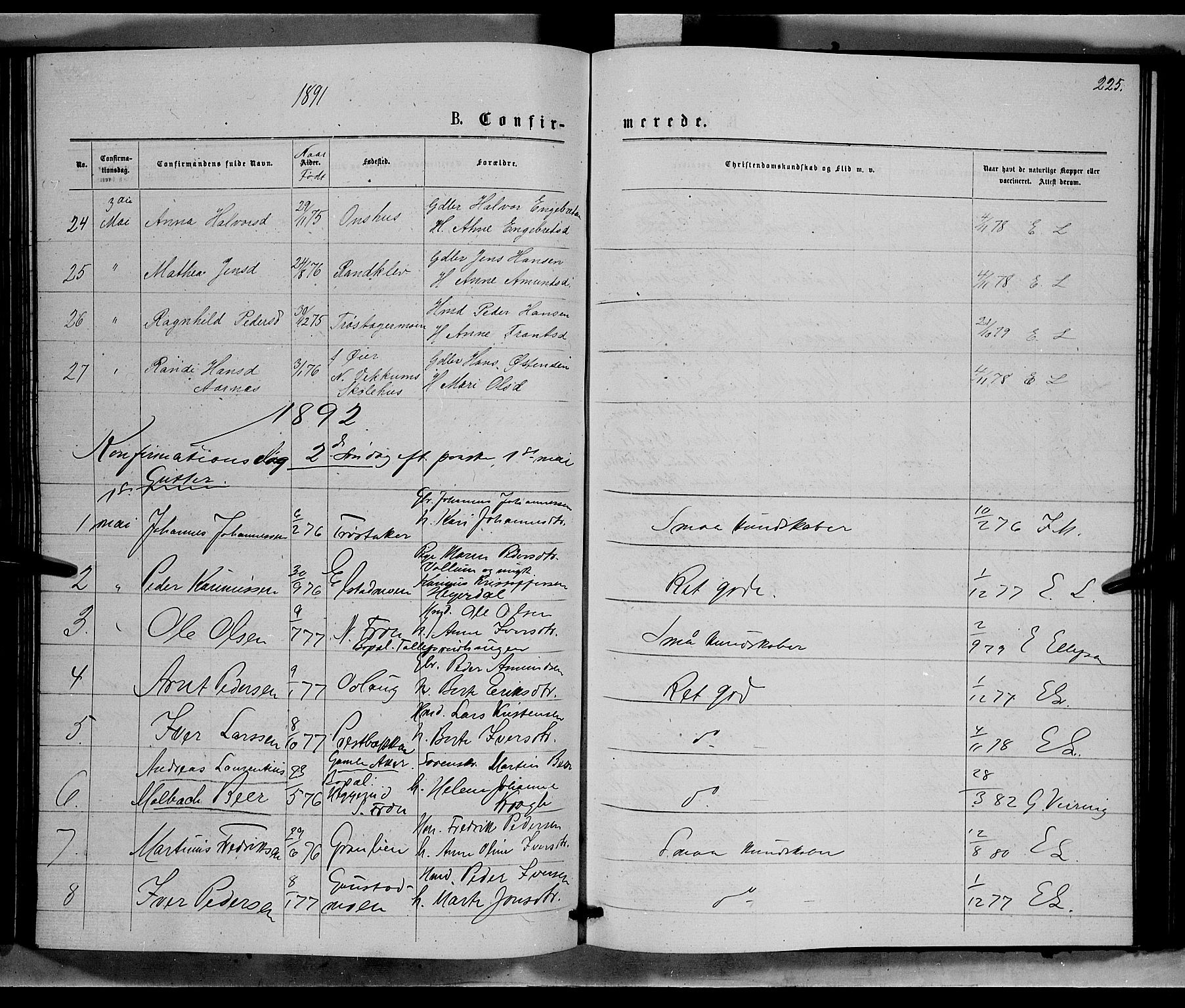 Ringebu prestekontor, SAH/PREST-082/H/Ha/Hab/L0006: Parish register (copy) no. 6, 1880-1898, p. 225
