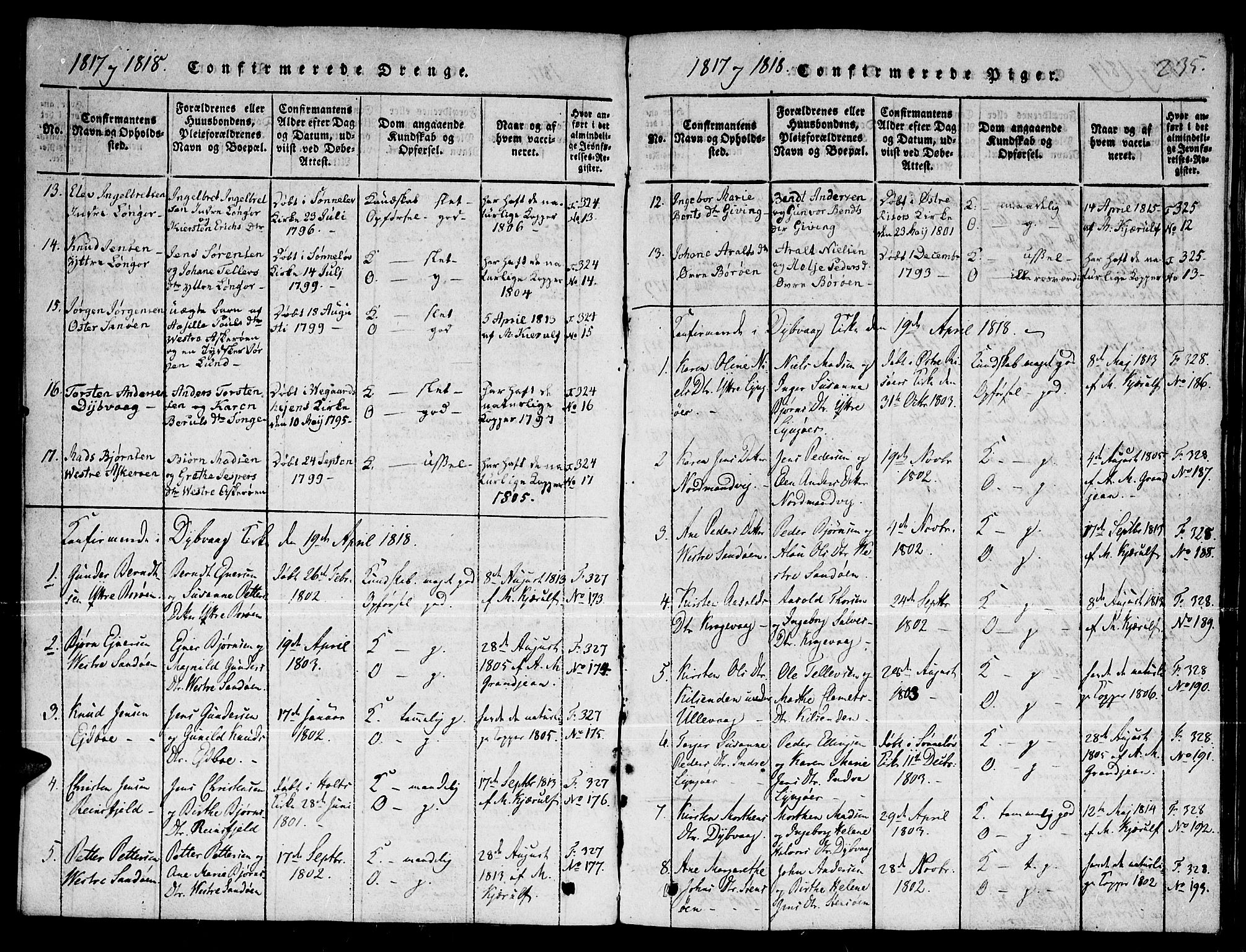 Dypvåg sokneprestkontor, SAK/1111-0007/F/Fb/Fba/L0009: Parish register (copy) no. B 9, 1816-1842, p. 235