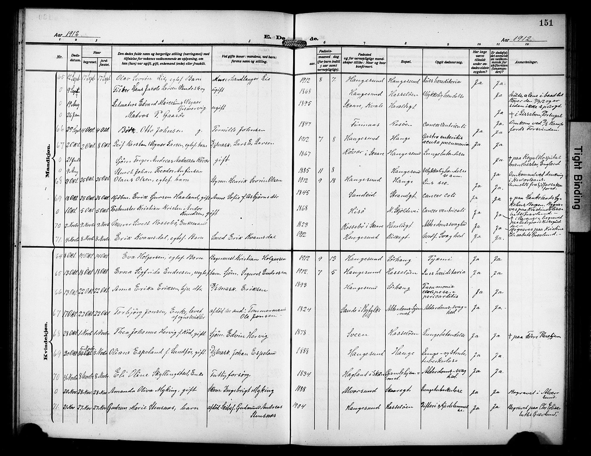 Haugesund sokneprestkontor, AV/SAST-A -101863/H/Ha/Hab/L0008: Parish register (copy) no. B 8, 1909-1921, p. 151