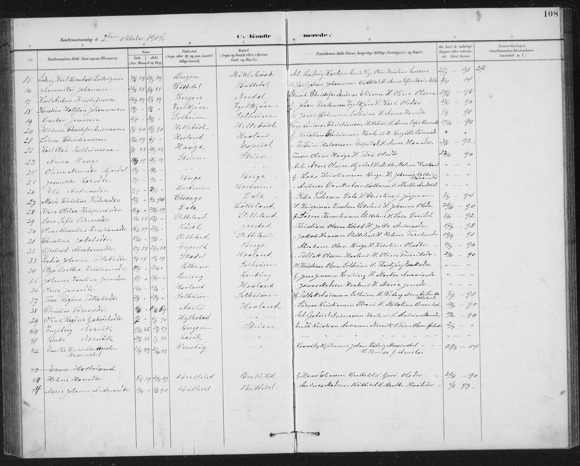 Fjaler sokneprestembete, AV/SAB-A-79801/H/Hab/Habc/L0003: Parish register (copy) no. C 3, 1894-1917, p. 108