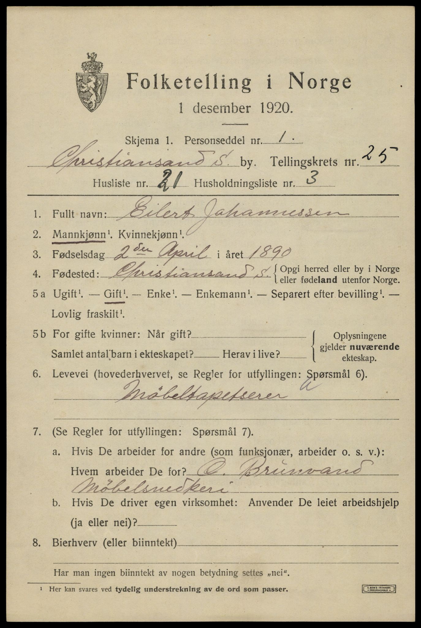 SAK, 1920 census for Kristiansand, 1920, p. 44025