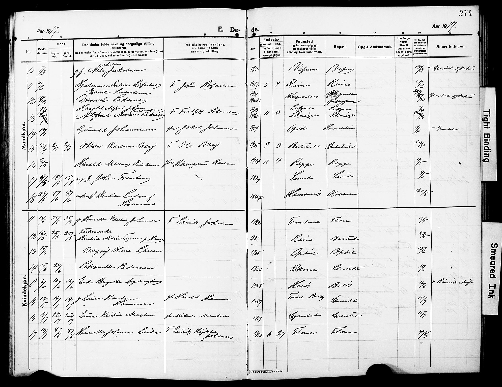 Ministerialprotokoller, klokkerbøker og fødselsregistre - Nordland, AV/SAT-A-1459/881/L1169: Parish register (copy) no. 881C06, 1912-1930, p. 274