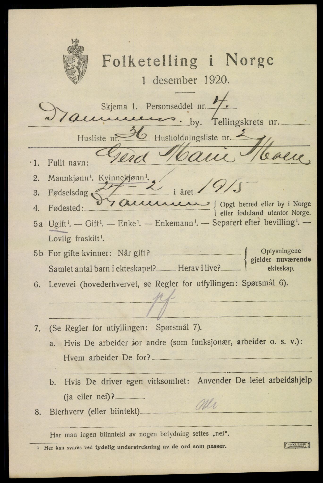 SAKO, 1920 census for Drammen, 1920, p. 33355