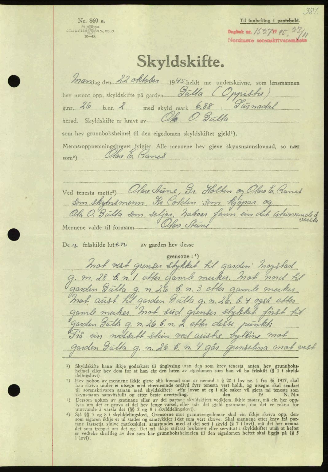 Nordmøre sorenskriveri, AV/SAT-A-4132/1/2/2Ca: Mortgage book no. A100a, 1945-1945, Diary no: : 1527/1945