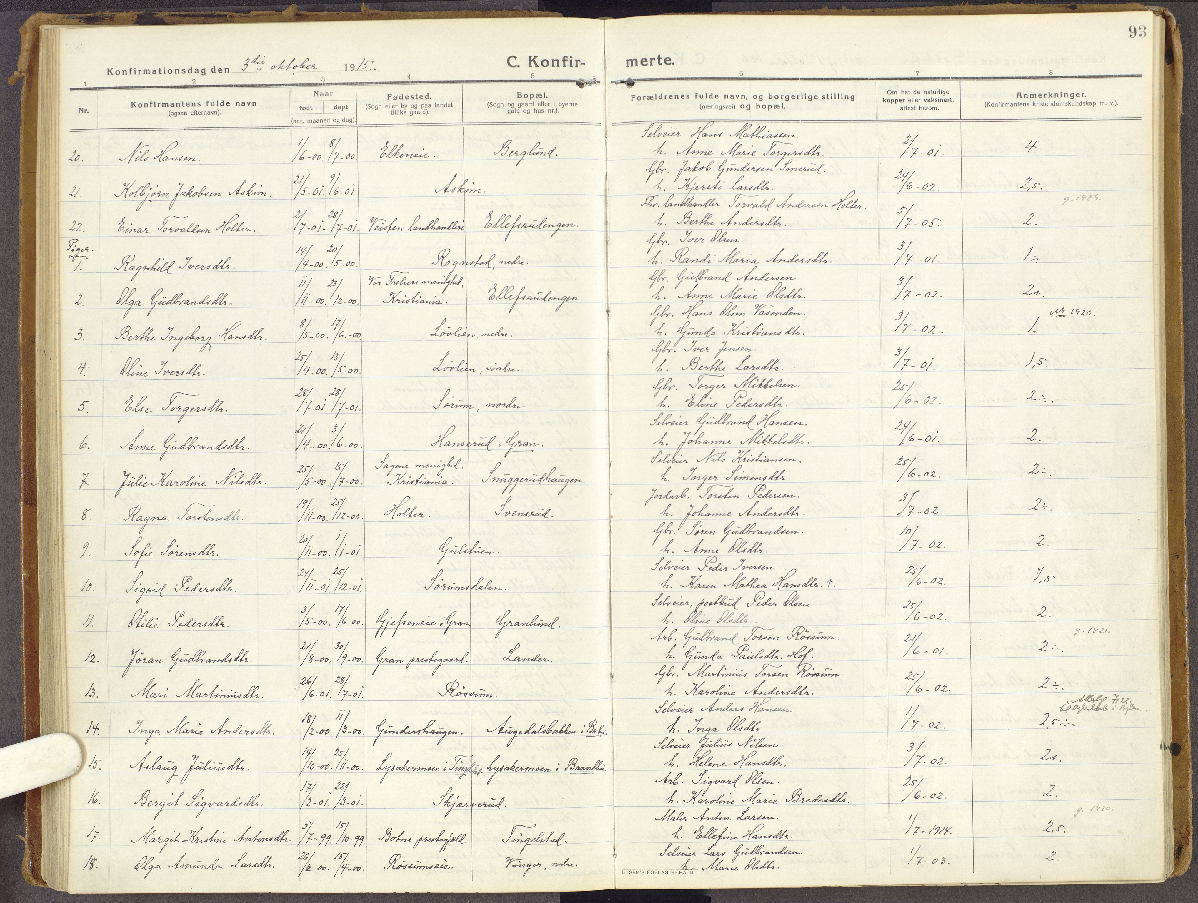 Brandbu prestekontor, SAH/PREST-114/H/Ha/Haa/L0003: Parish register (official) no. 3, 1914-1928, p. 93