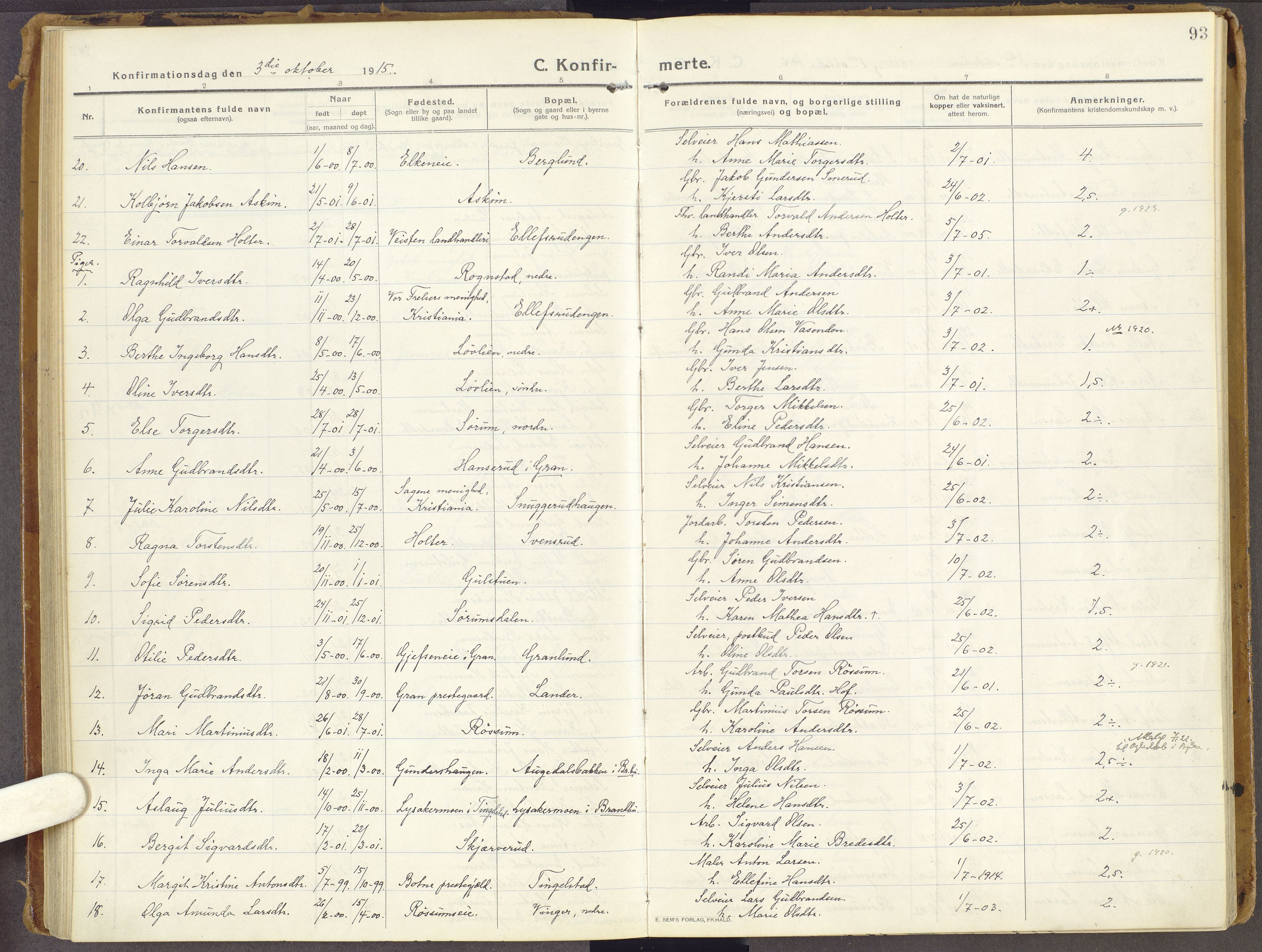 Brandbu prestekontor, AV/SAH-PREST-114/H/Ha/Haa/L0003: Parish register (official) no. 3, 1914-1928, p. 93