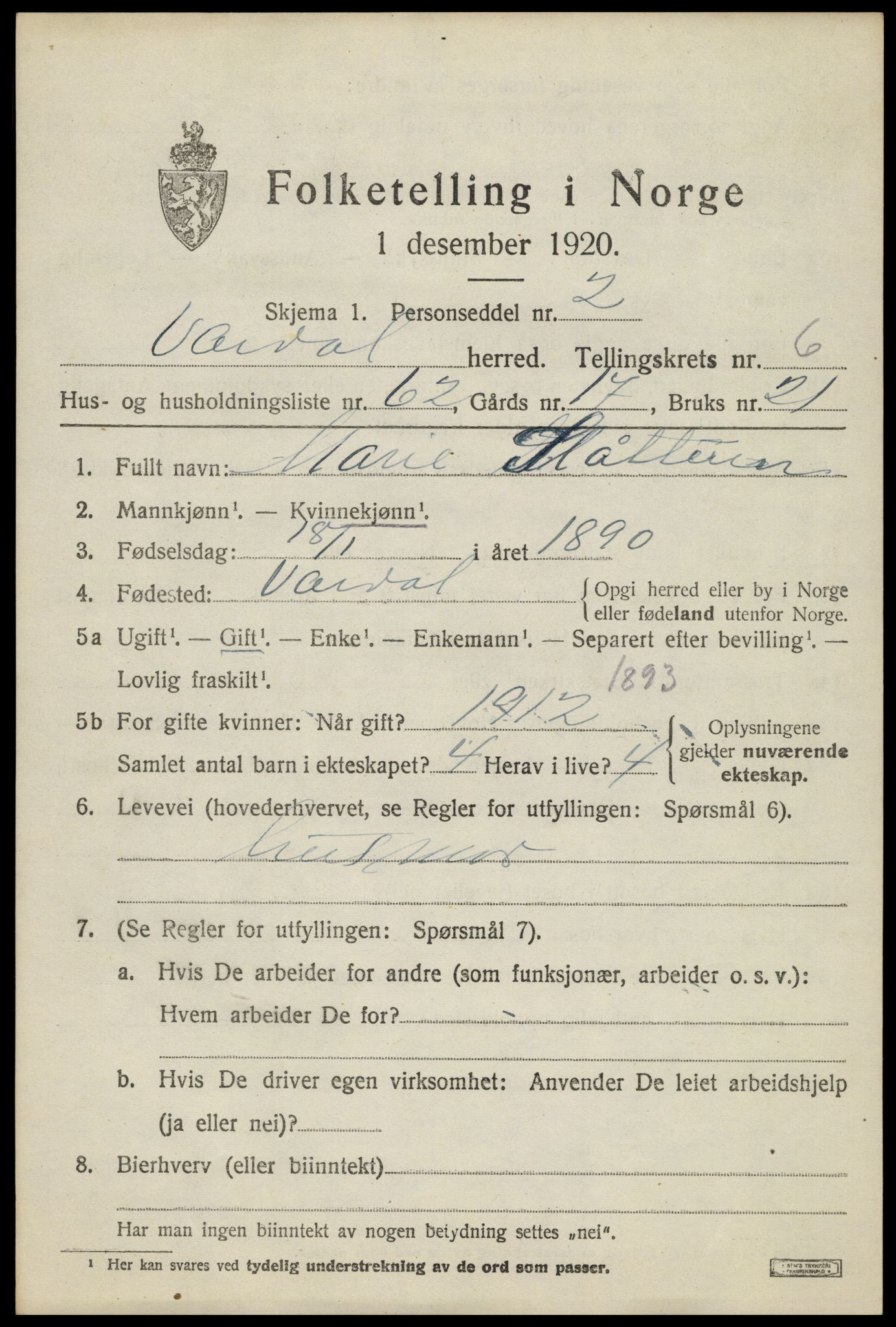 SAH, 1920 census for Vardal, 1920, p. 4585