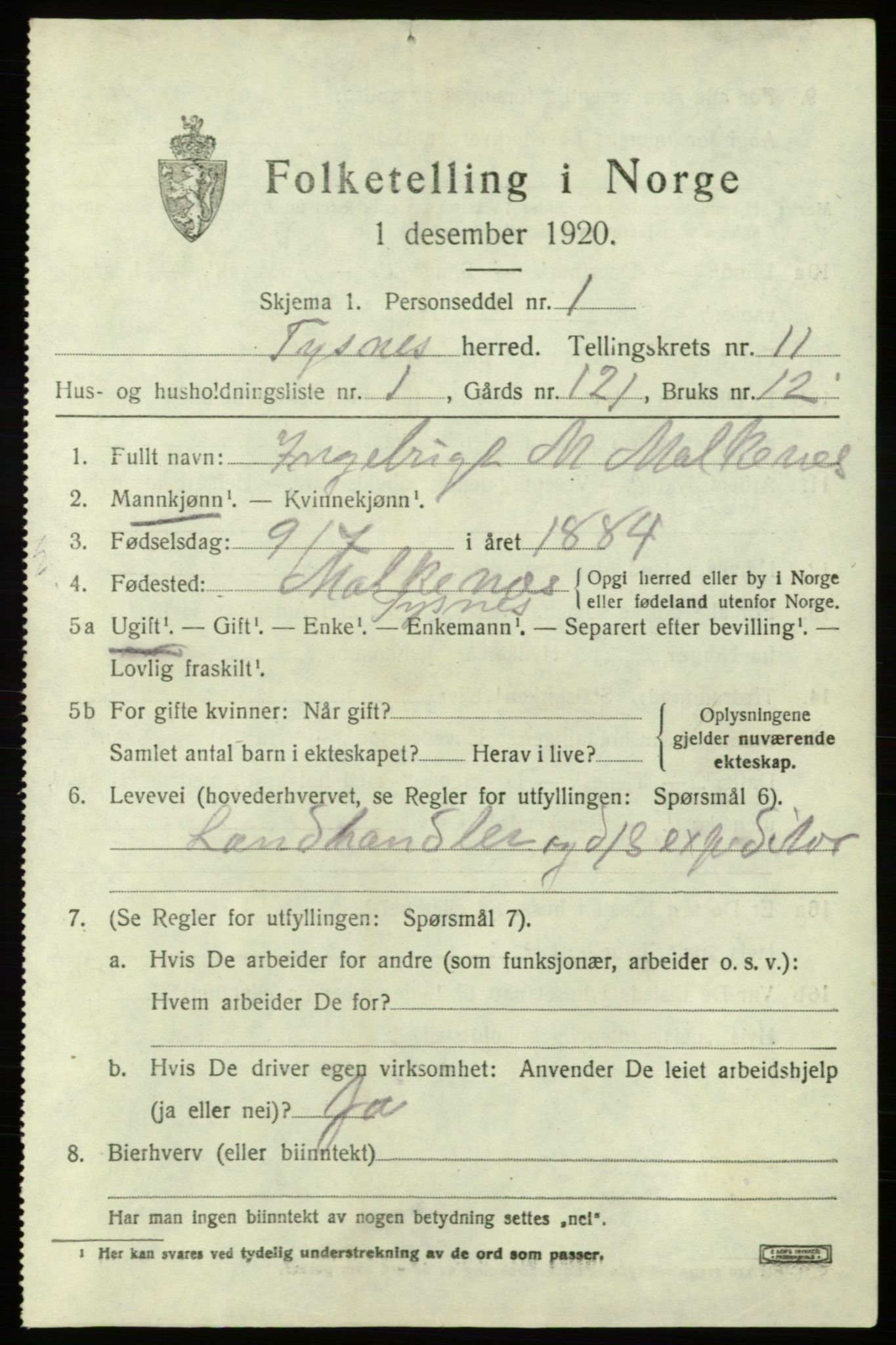 SAB, 1920 census for Tysnes, 1920, p. 7492