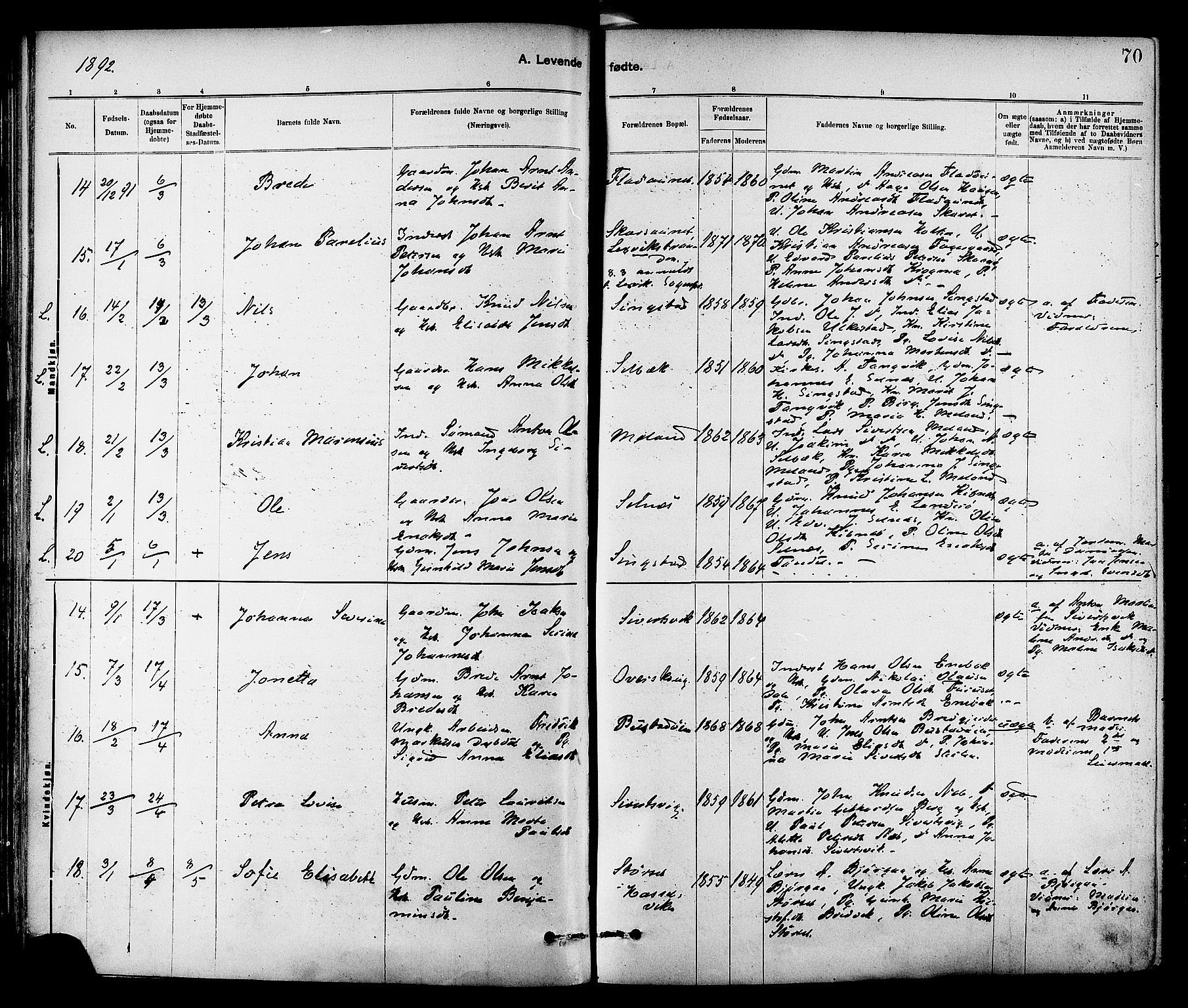 Ministerialprotokoller, klokkerbøker og fødselsregistre - Sør-Trøndelag, SAT/A-1456/647/L0634: Parish register (official) no. 647A01, 1885-1896, p. 70