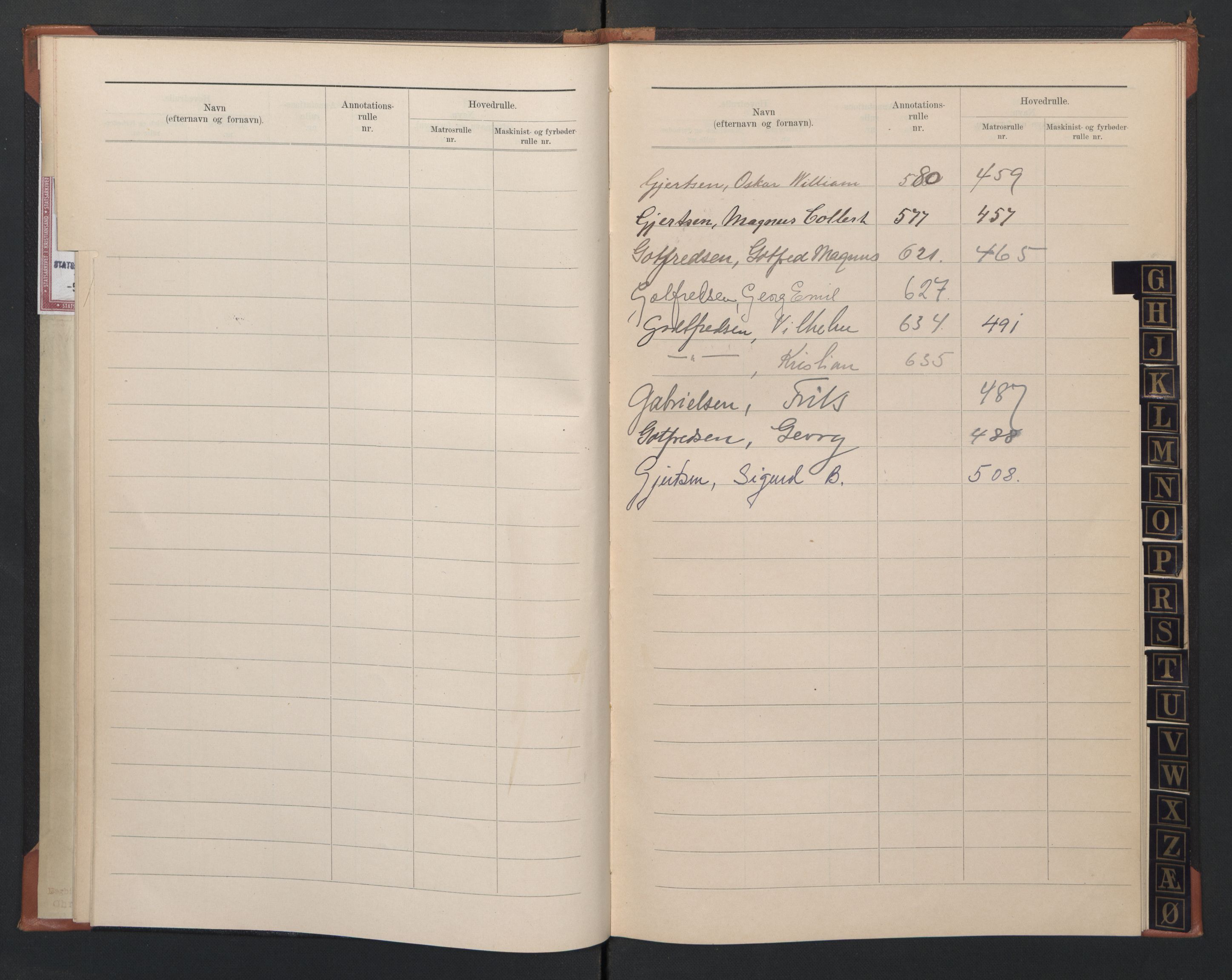 Sogndal mønstringskrets, SAK/2031-0020/F/Fb/L0004: Register til annotasjonsrulle nr 571-635, hovedrulle A nr 456-511 og hovedrulle B nr 3-9, P-5, 1910-1948, p. 10