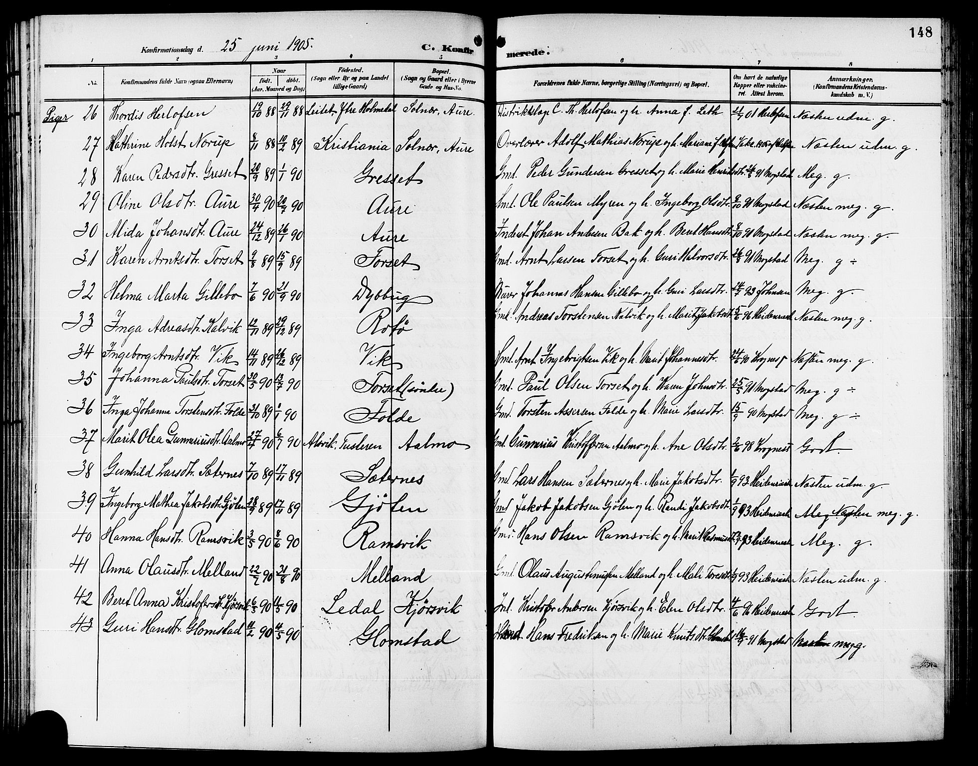 Ministerialprotokoller, klokkerbøker og fødselsregistre - Møre og Romsdal, AV/SAT-A-1454/578/L0910: Parish register (copy) no. 578C03, 1900-1921, p. 148