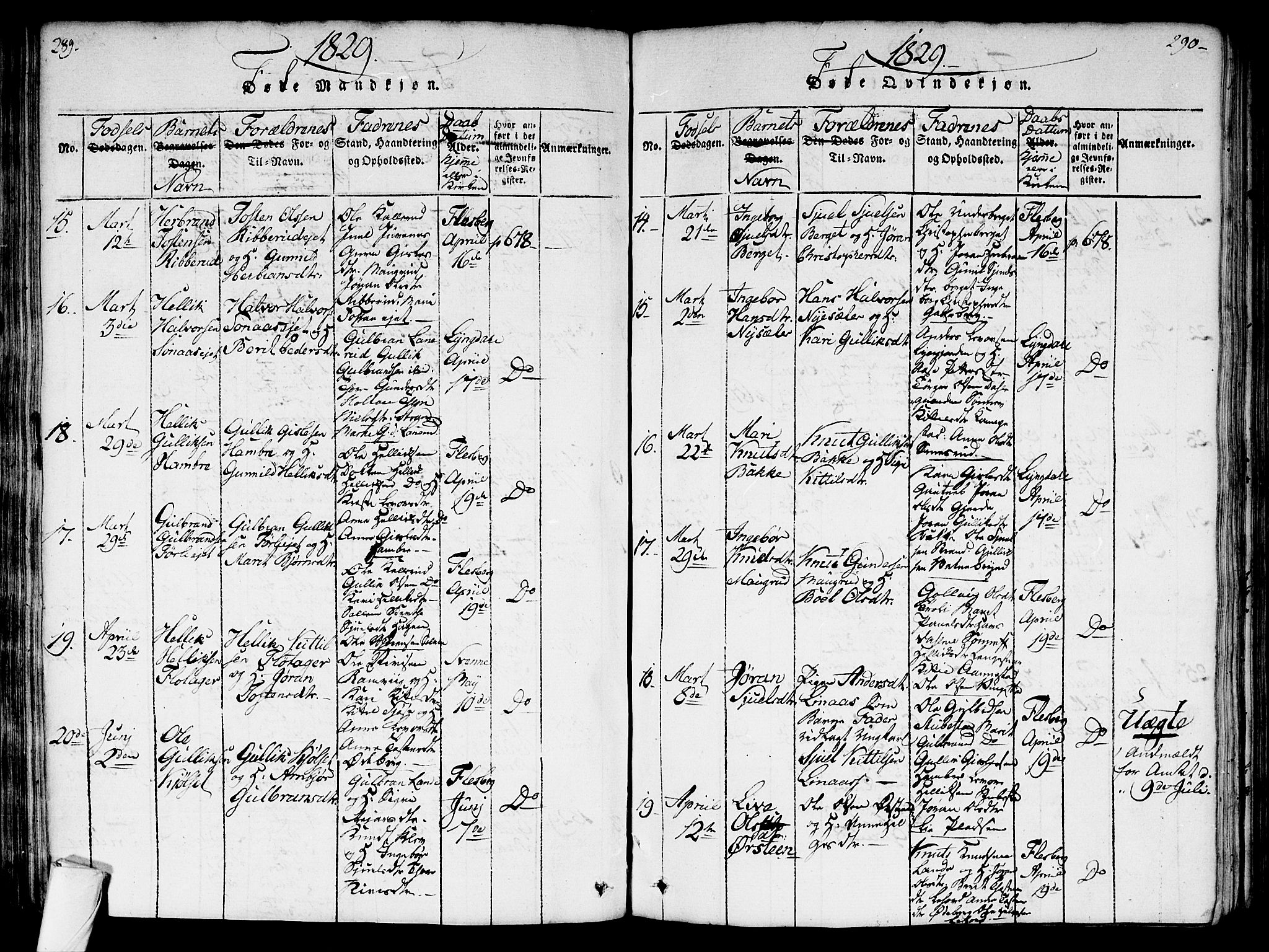 Flesberg kirkebøker, AV/SAKO-A-18/G/Ga/L0001: Parish register (copy) no. I 1, 1816-1834, p. 289-290