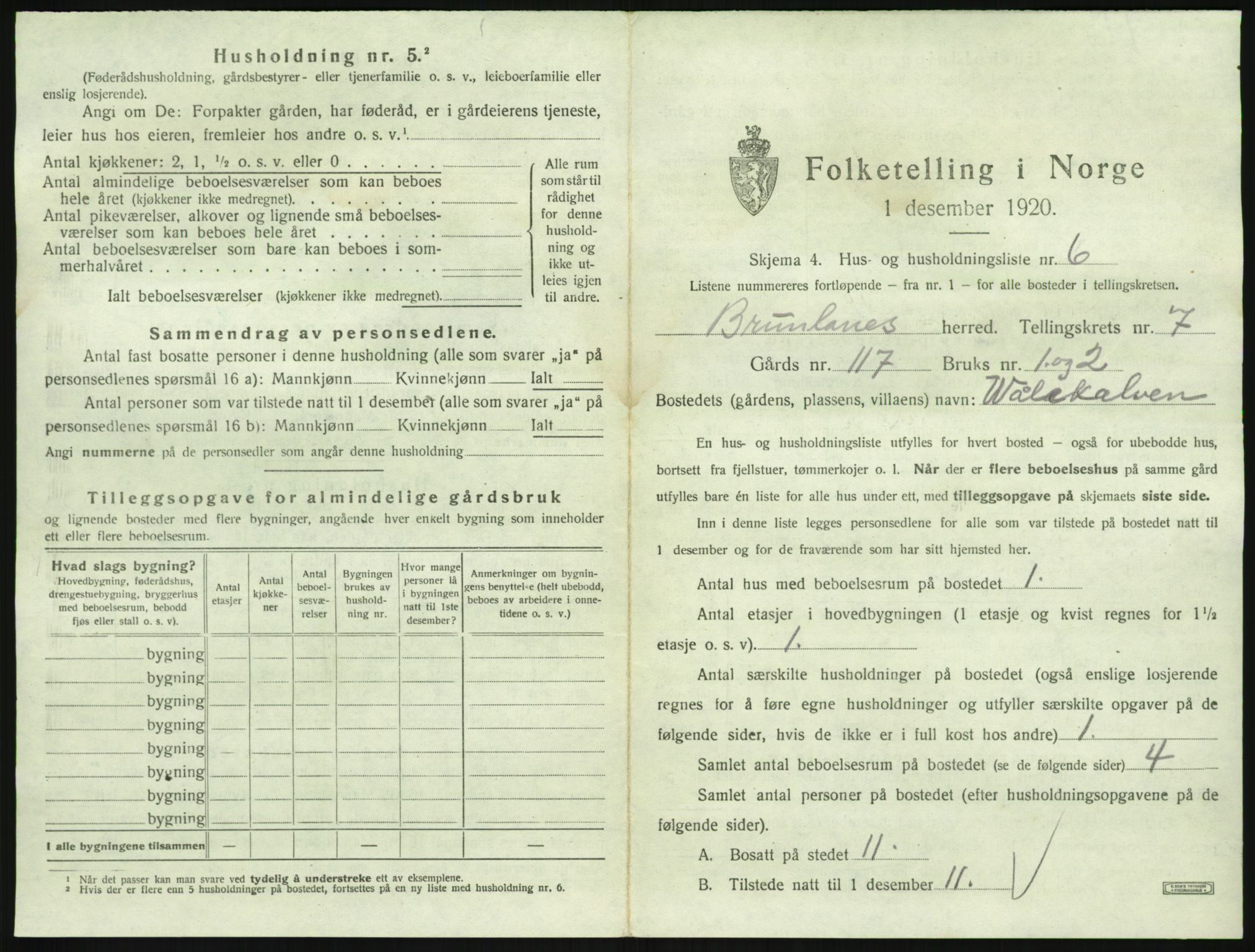 SAKO, 1920 census for Brunlanes, 1920, p. 933