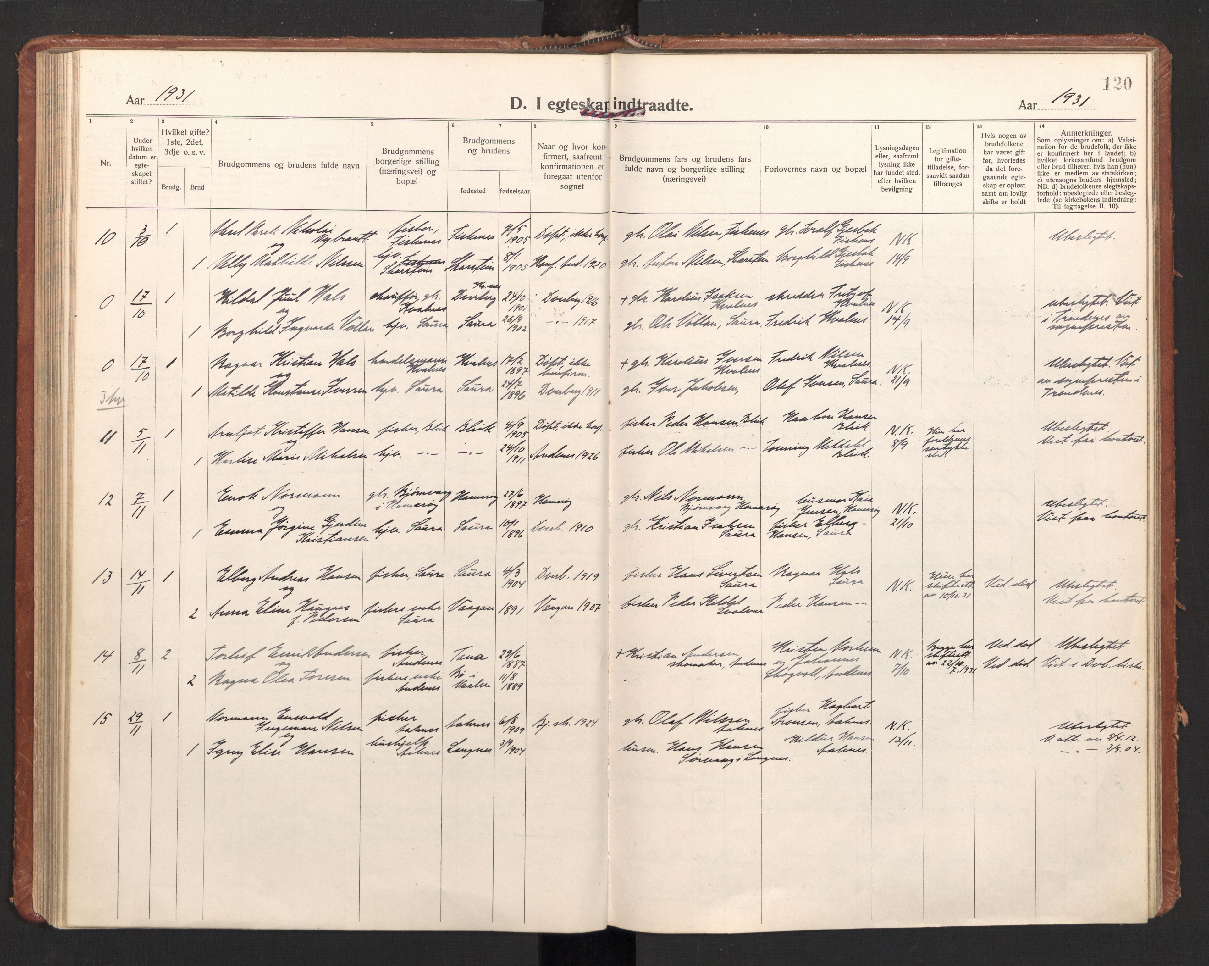 Ministerialprotokoller, klokkerbøker og fødselsregistre - Nordland, AV/SAT-A-1459/897/L1408: Parish register (official) no. 897A15, 1922-1938, p. 120