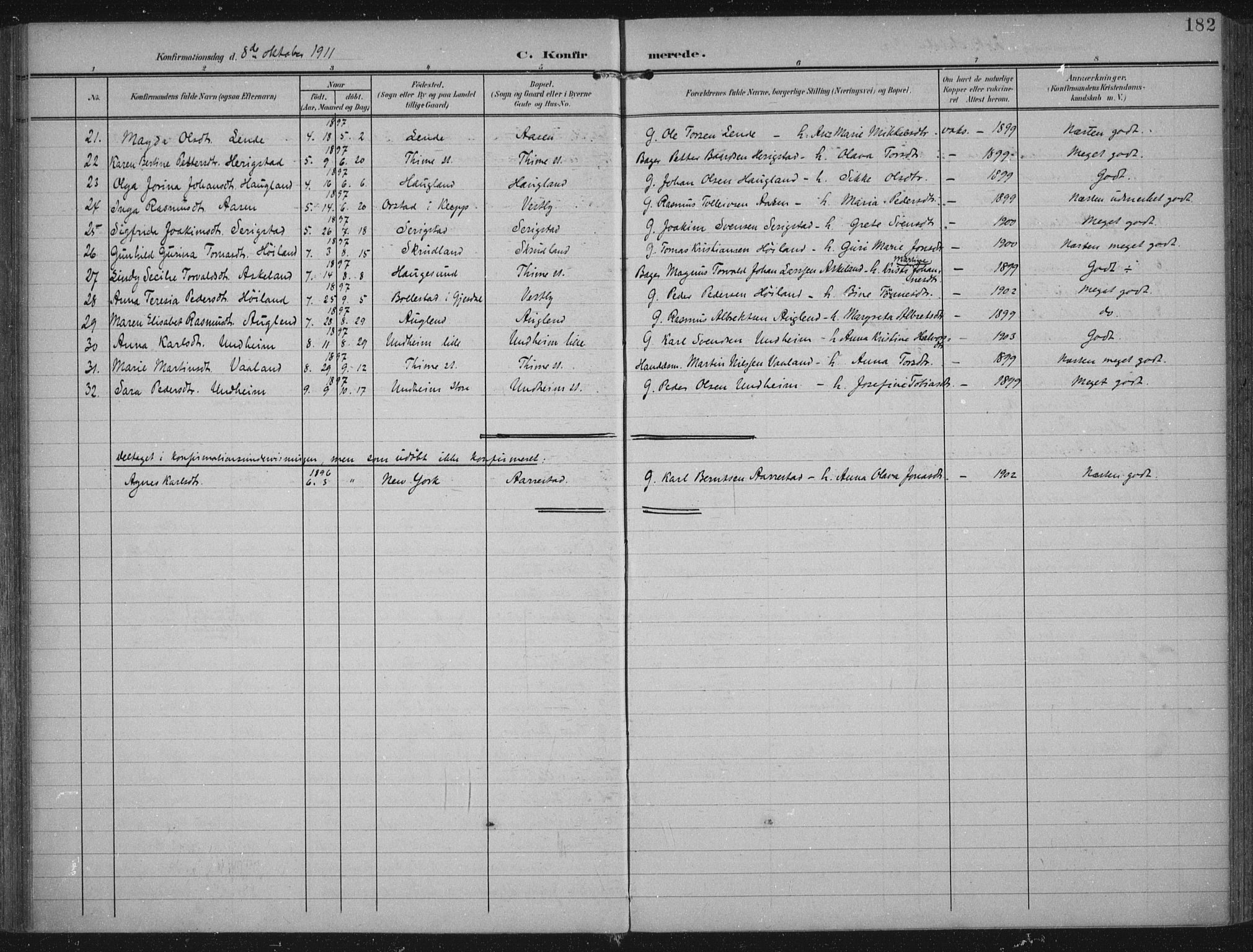 Lye sokneprestkontor, AV/SAST-A-101794/002/A/L0001: Parish register (official) no. A 12, 1904-1920, p. 182