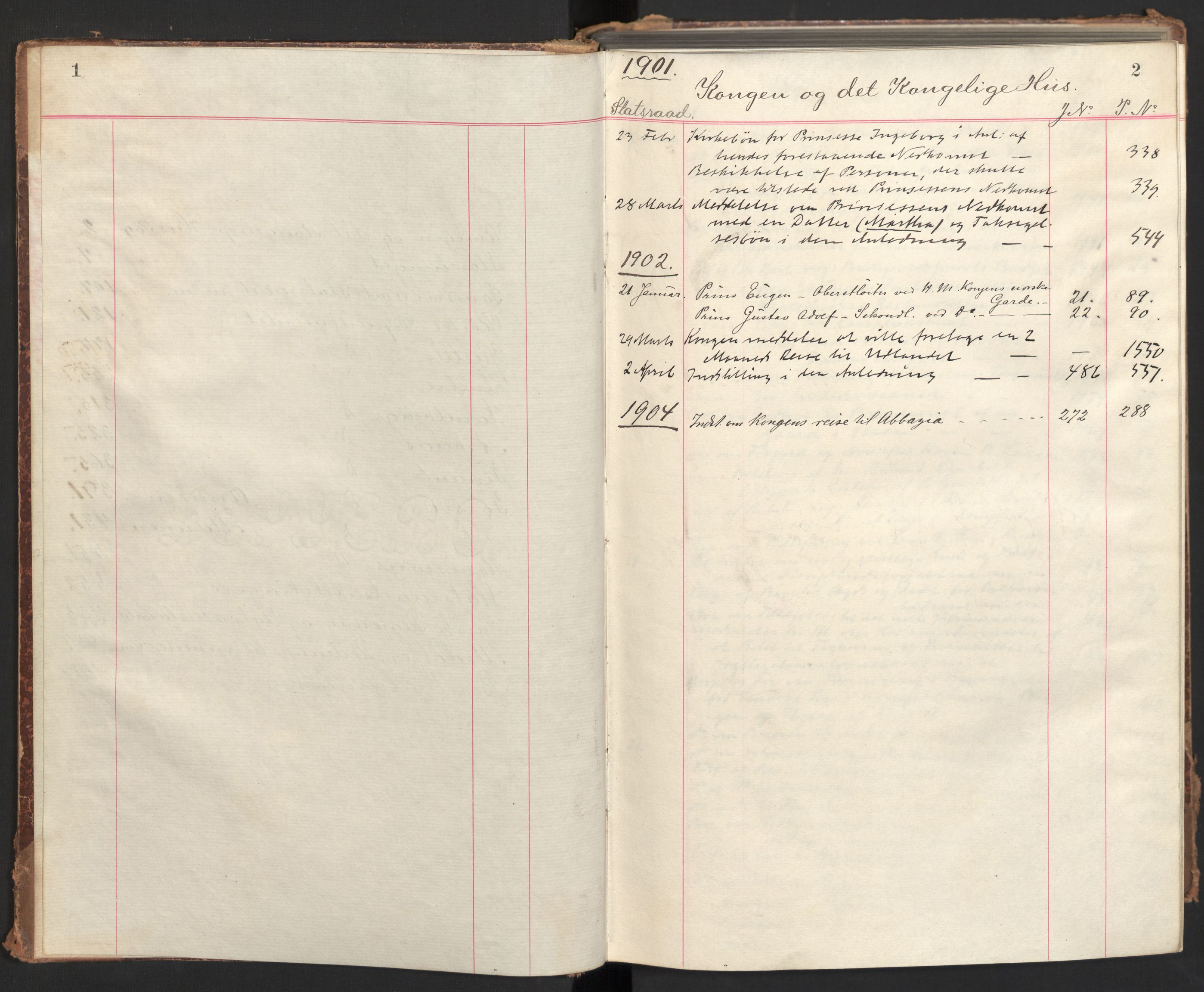 Statsrådsavdelingen i Stockholm, RA/S-1003/C/Ca/L0020: Det norske Statsraads Journal- og Hovedprotokollregister, 1901-1905, p. 1-2