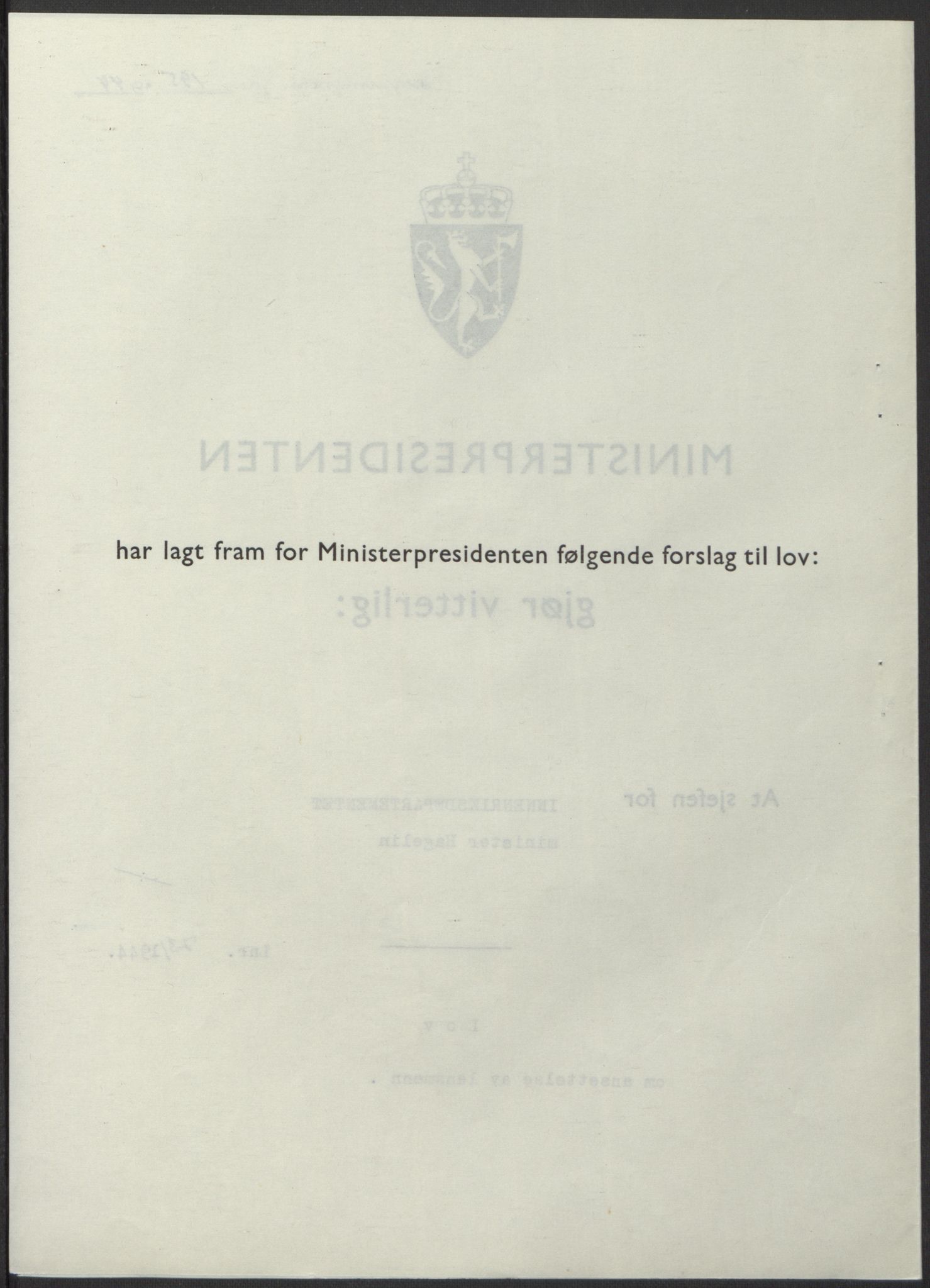 NS-administrasjonen 1940-1945 (Statsrådsekretariatet, de kommisariske statsråder mm), AV/RA-S-4279/D/Db/L0100: Lover, 1944, p. 347