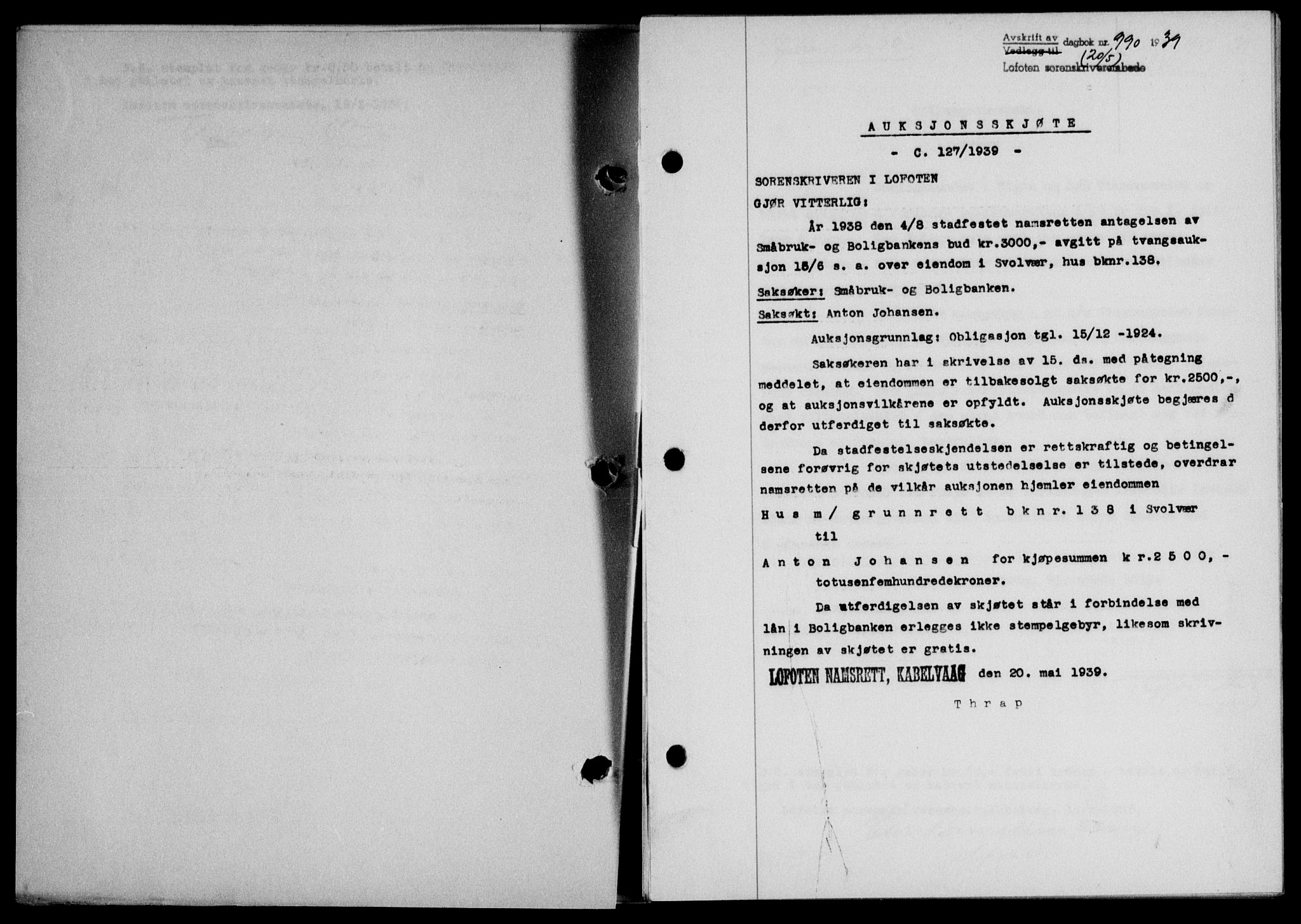 Lofoten sorenskriveri, SAT/A-0017/1/2/2C/L0005a: Mortgage book no. 5a, 1939-1939, Diary no: : 990/1939