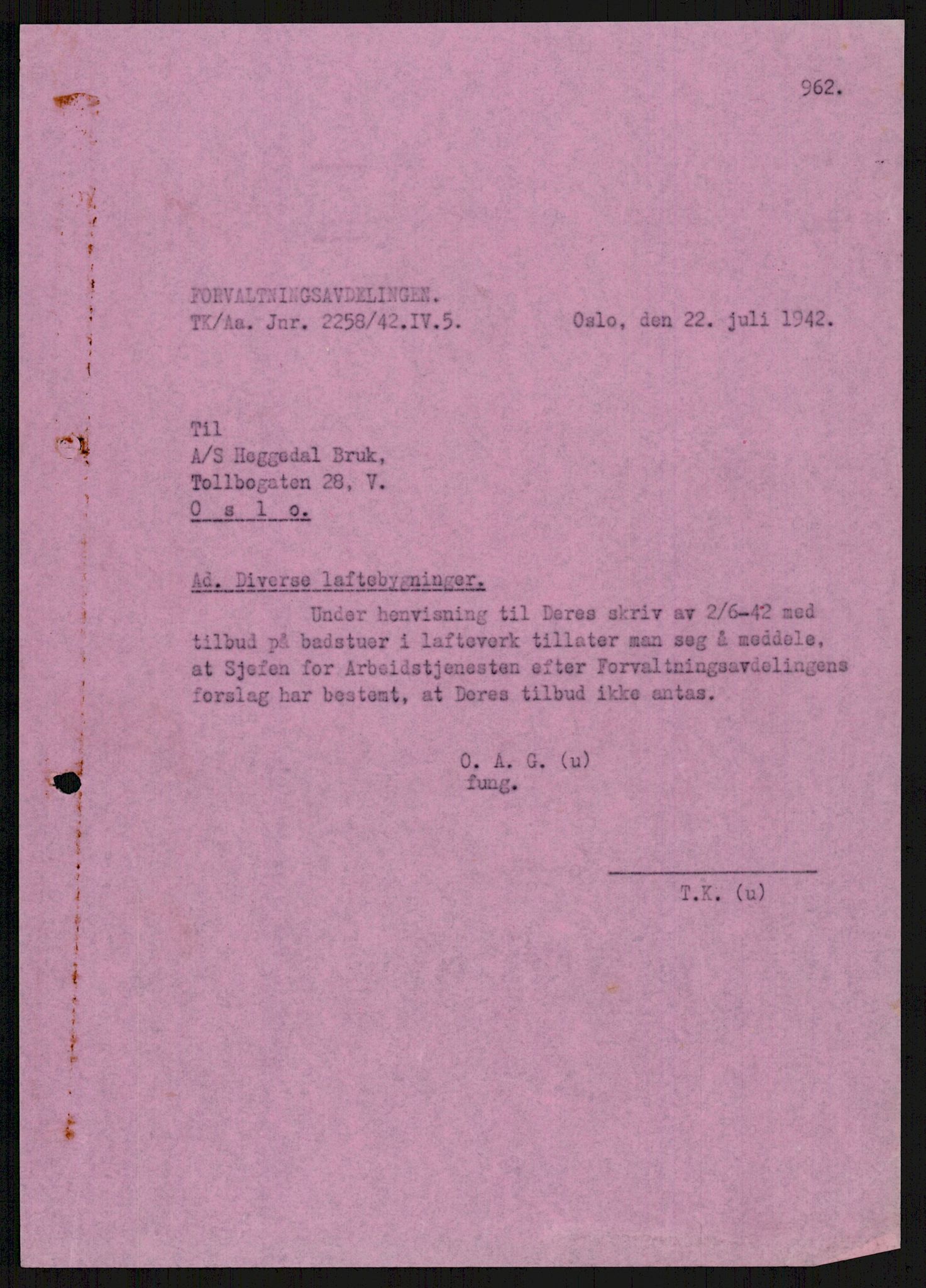 Norges arbeidstjeneste, AV/RA-S-5014/D/Da/Dad/L0085/0005: Forvaltningsavdelingen, 5. kontor / A 40032 Badstue fra Heggedal Bruk, 1941-1942, p. 2