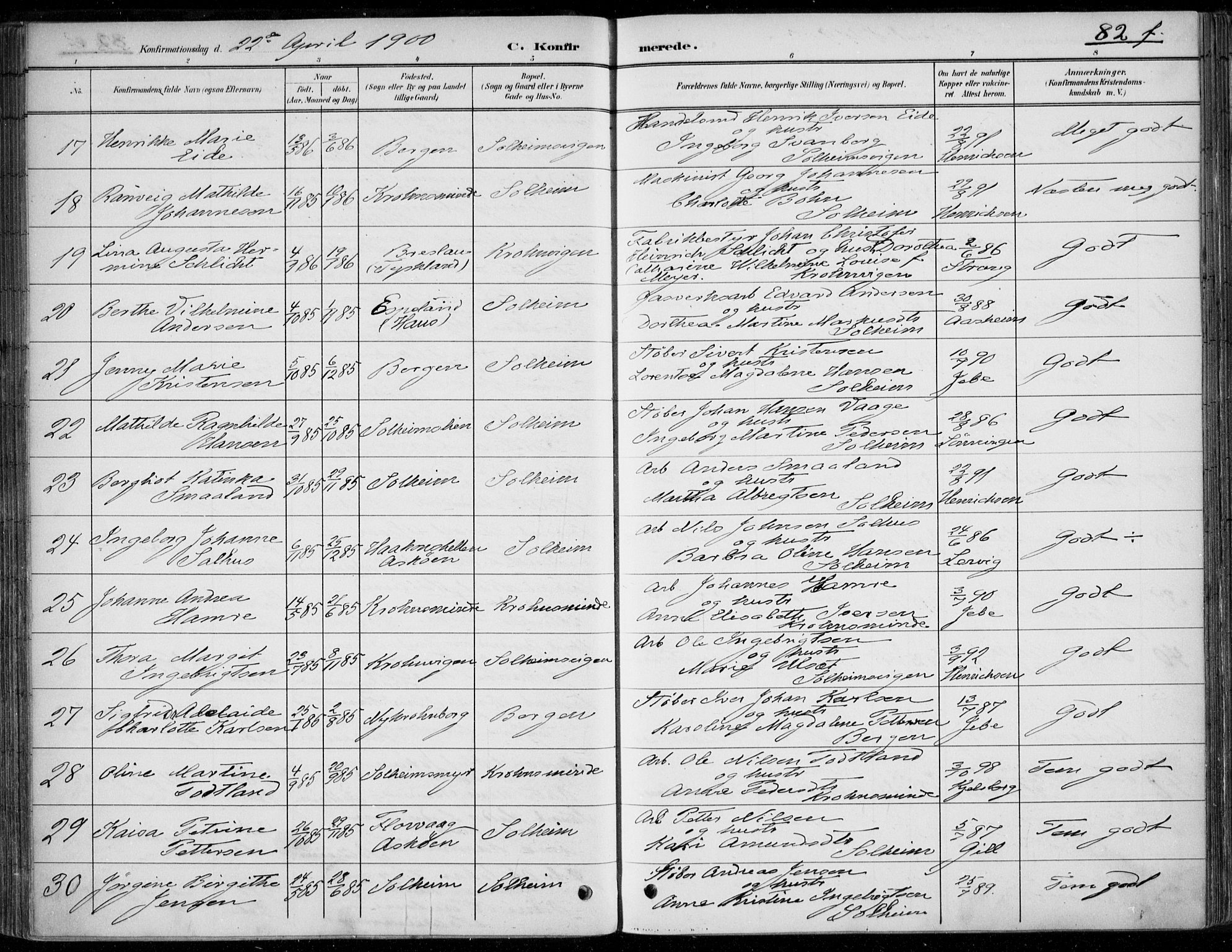 Årstad Sokneprestembete, AV/SAB-A-79301/H/Haa/L0006: Parish register (official) no. B 1, 1886-1901, p. 82