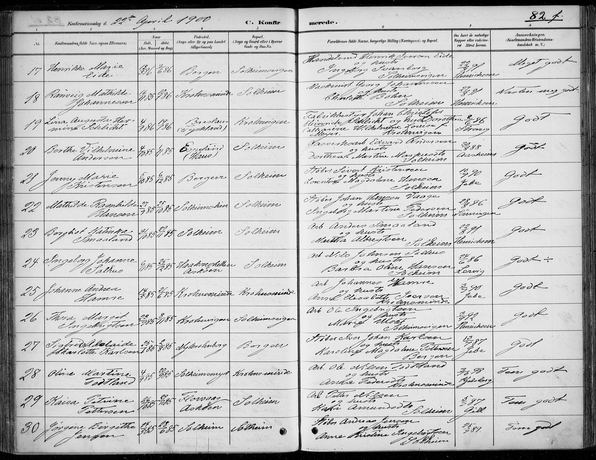 Årstad Sokneprestembete, AV/SAB-A-79301/H/Haa/L0006: Parish register (official) no. B 1, 1886-1901, p. 82