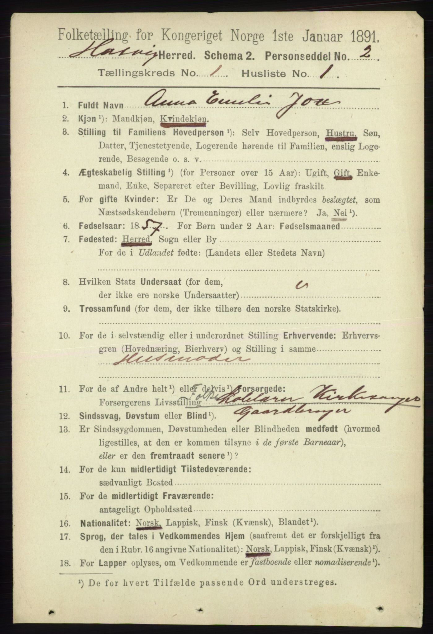 RA, 1891 census for 2015 Hasvik, 1891, p. 58