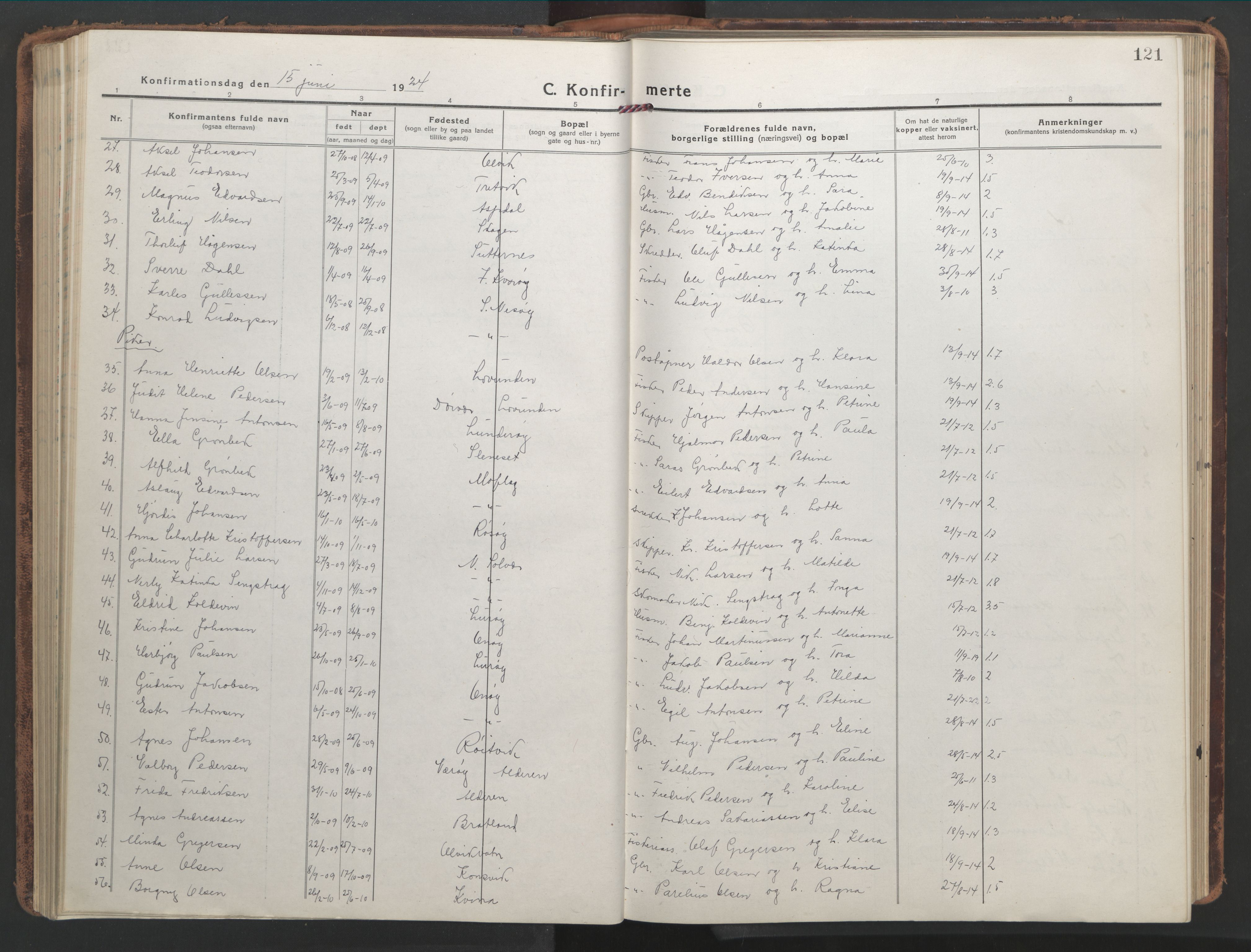 Ministerialprotokoller, klokkerbøker og fødselsregistre - Nordland, AV/SAT-A-1459/839/L0574: Parish register (copy) no. 839C04, 1918-1950, p. 121