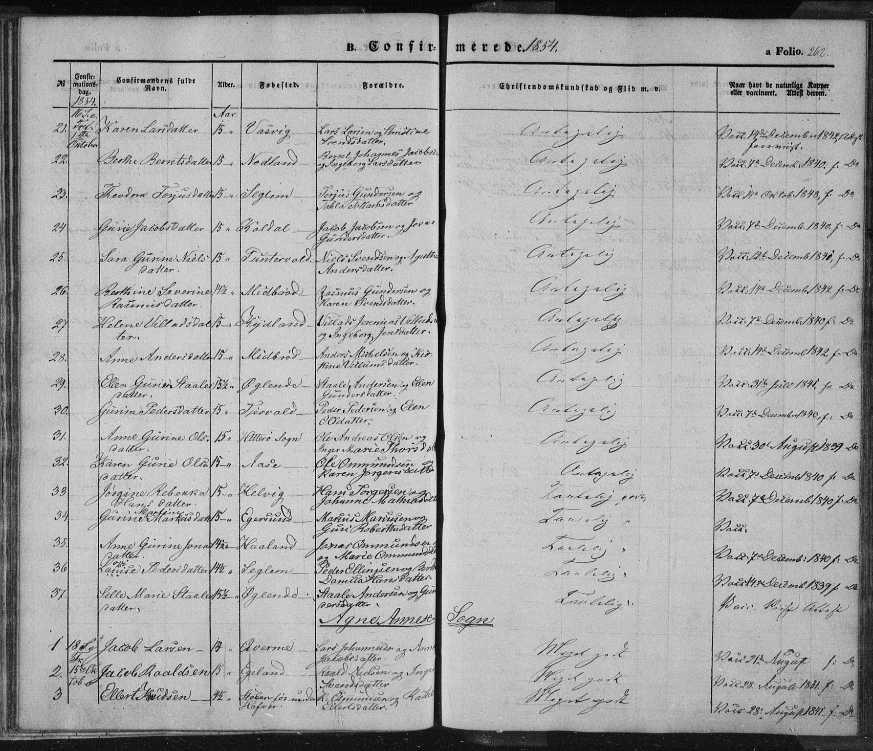 Eigersund sokneprestkontor, SAST/A-101807/S08/L0012: Parish register (official) no. A 12.1, 1850-1865, p. 262